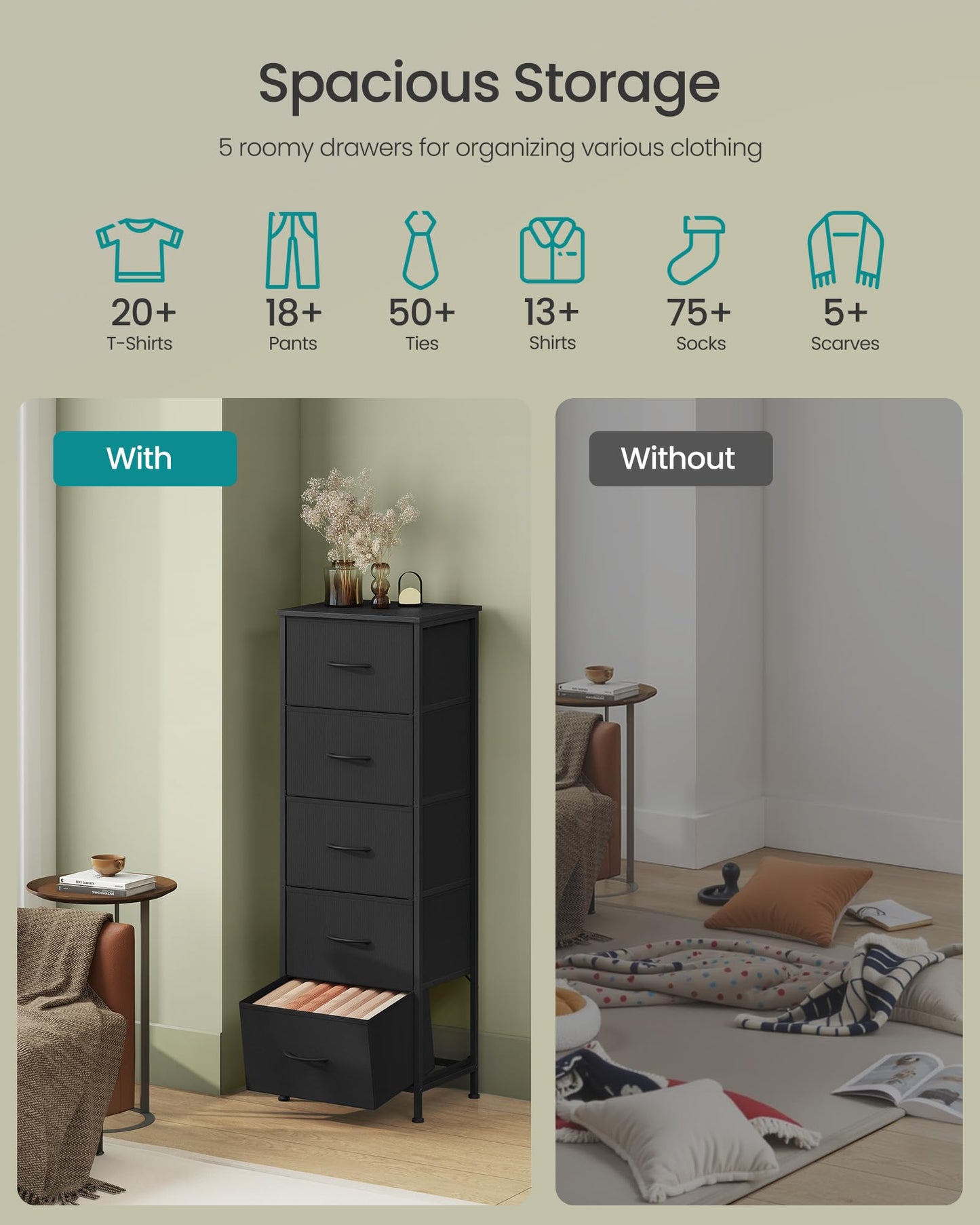 SONGMICS BELLAH Collection - Dresser for Bedroom, Chest of Drawers, Storage Organizer Unit, Closet, Entryway, Steel, 5 Drawers, Modern, Ink Black and Ebony Black ULGS315BH03