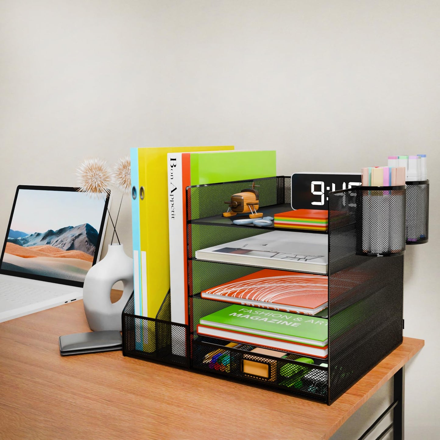 Desk Organizer with File Holder, 5-Tier Letter Paper Tray Organizer with Drawer & 2 Pen Holders, Desk Organizers and Accessories, Mesh Desktop File Organizer and Storage for Office Supplies