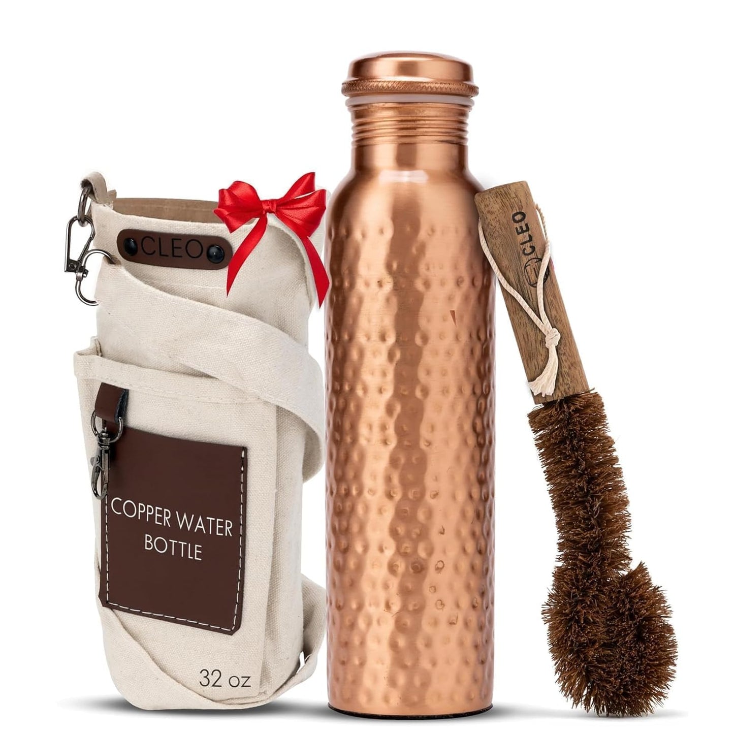 AVA DESIGNZ CLEO HOME 100% Pure Copper Water Bottle for Drinking, 32 Oz Large Hammered Ayurvedic Copper Bottle with 2 Pockets Canvas Bag & Cleaning Brush, Leak-Proof Copper Water Bottle