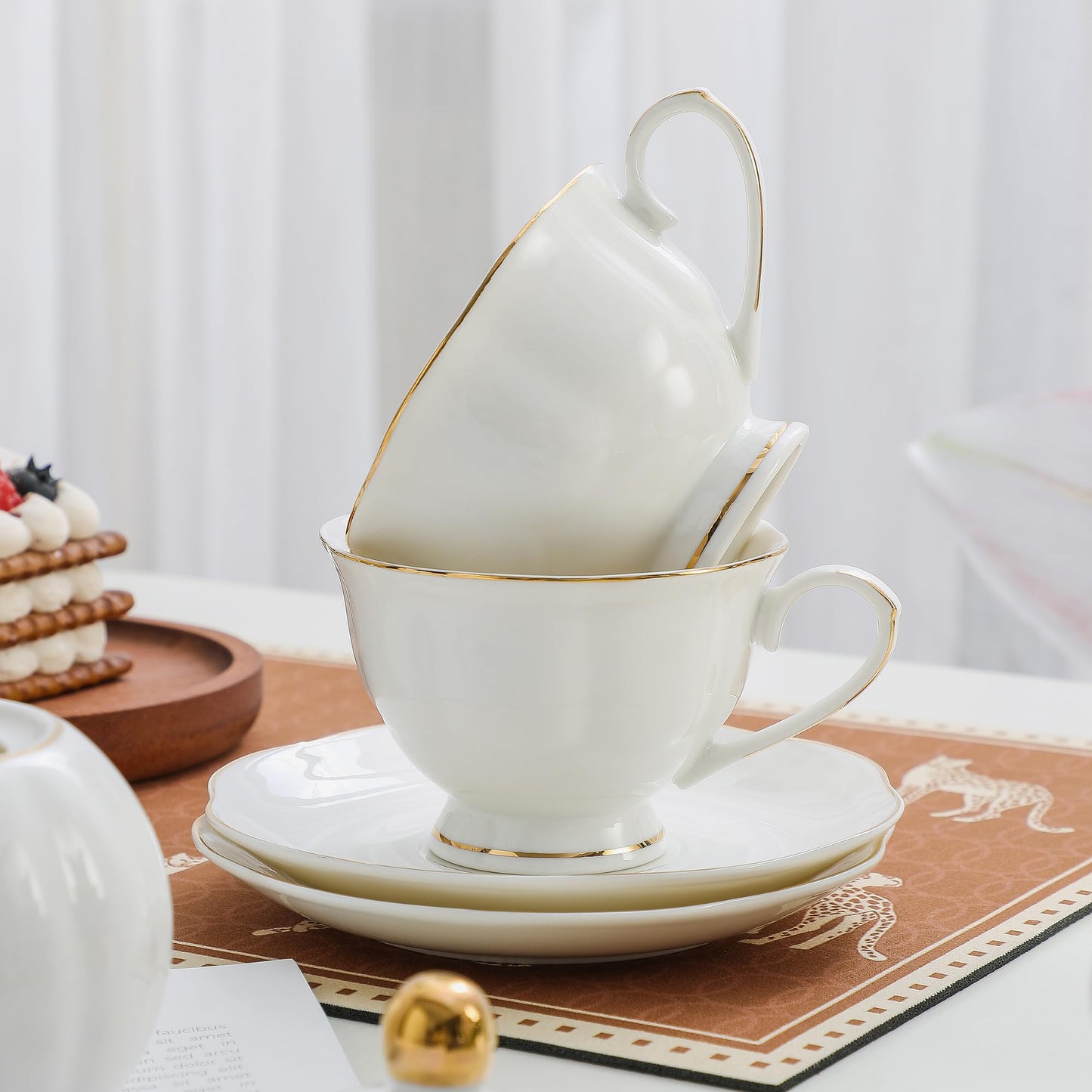 PRECITIME White Ceramic Tea Cup and Saucer Set of 8 (16-Piece) - 6oz Elegant Porcelain Cups with Gold Rim, 8 Cups & 8 Saucers for Tea Party