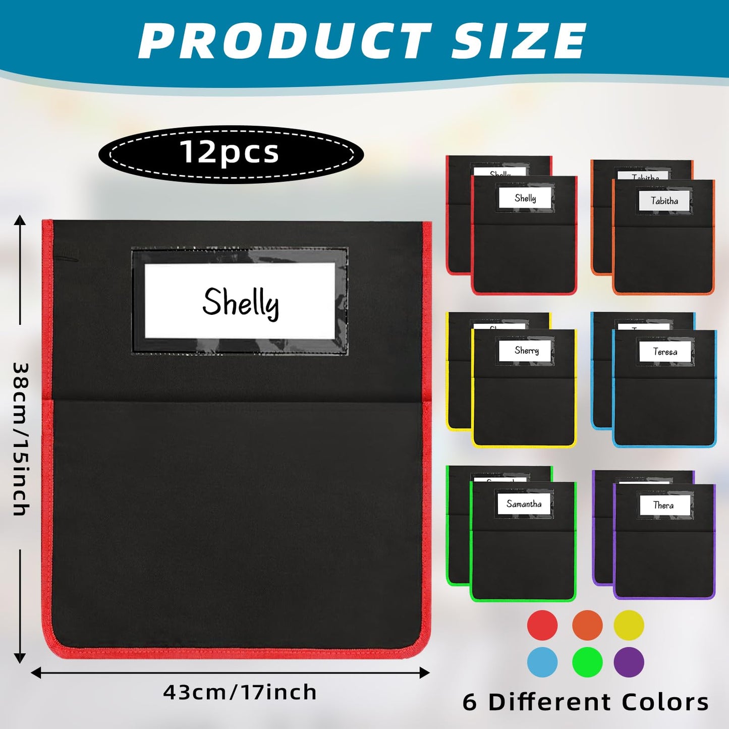 Runpig 12 Pcs Classroom Chair Pockets, 17 x 15 inch, Seat Sacks for Classroom Chairs, Buddy Pocket, Chart Seat Back Organizer with Name Tag
