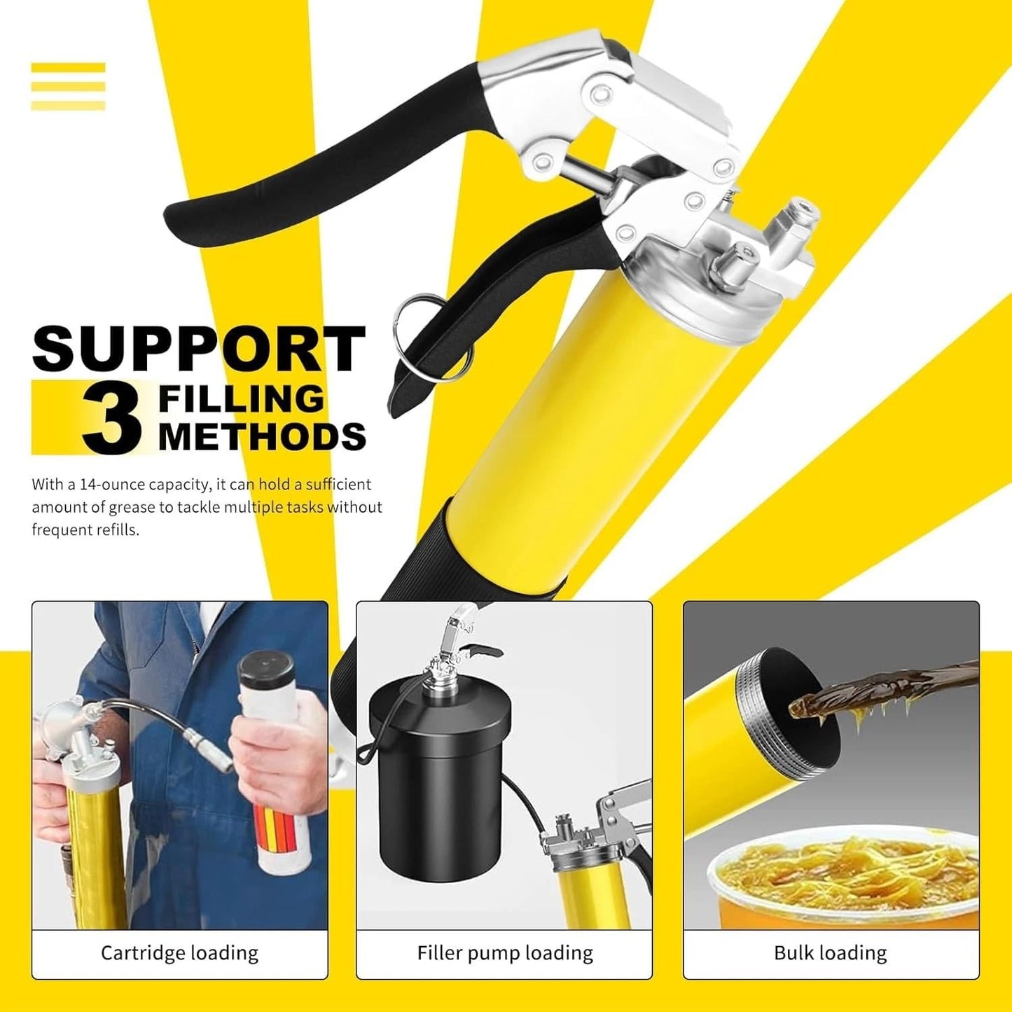 10 Pack 400cc Heavy Duty Yellow Pistol Grip Grease Gun Kit - 14oz, 8000 PSI Manual Grease Gun with Hose, Coupler, Nozzle