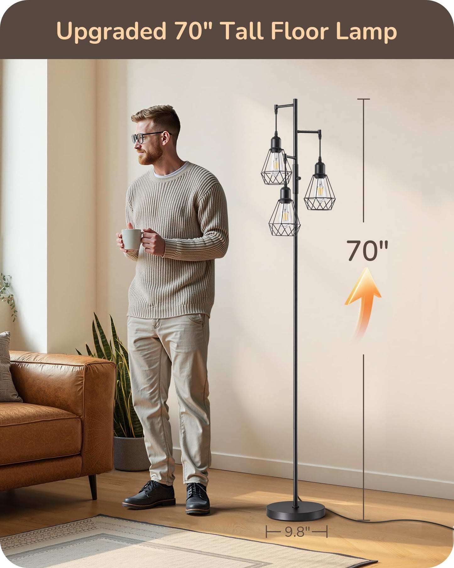 EDISHINE 70IN Farmhouse Floor Lamps for Living Room, Dimmable Industrial Tall Standing Lamps 3 LED Edison Bulbs Included, Diamond-Shaped Cage, Rustic Tree Corner Light for Bedroom, Office, Black