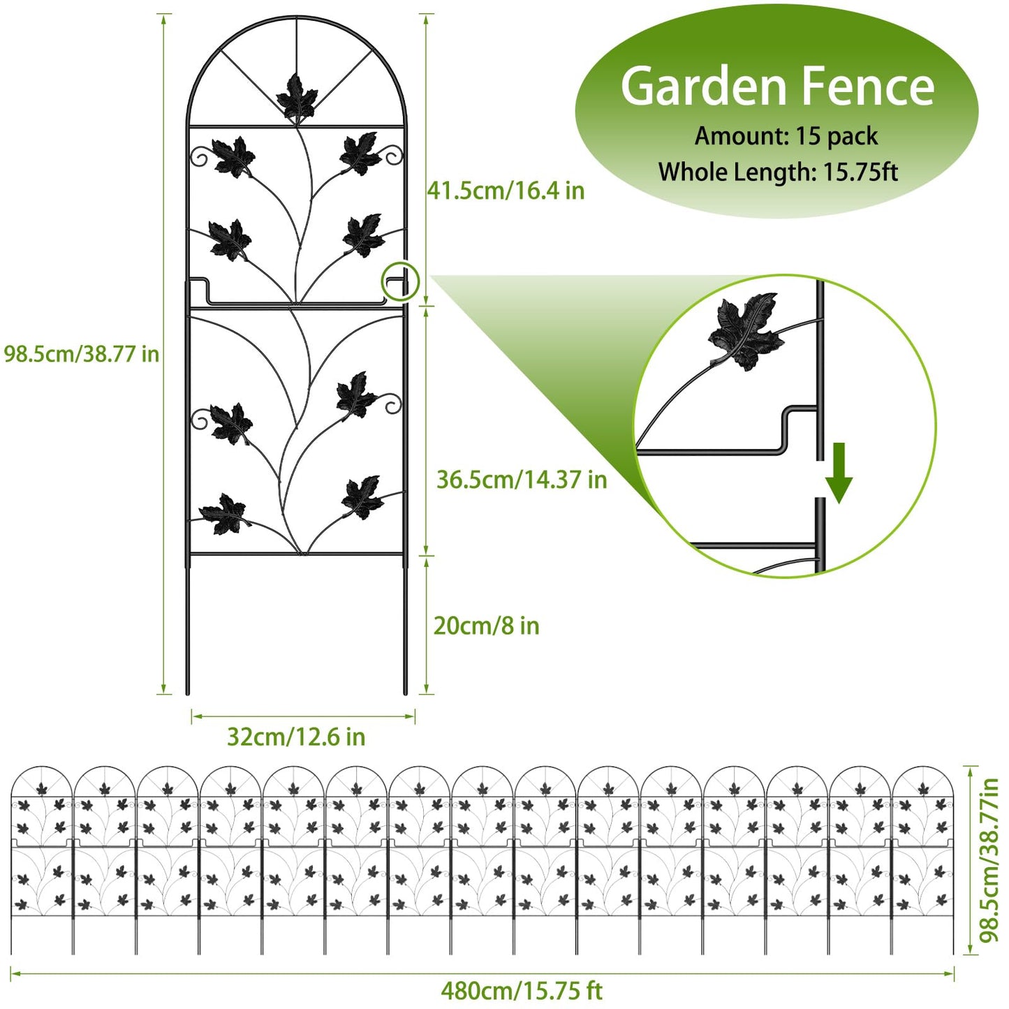 15 Pack Animal Barrier Fence, Total 38in (H) x16ft (L) Metal Rustproof Fence Panels, Decorative Dog Fence No Dig Fencing for Garden, Patio, Yard, Outdoor, Black