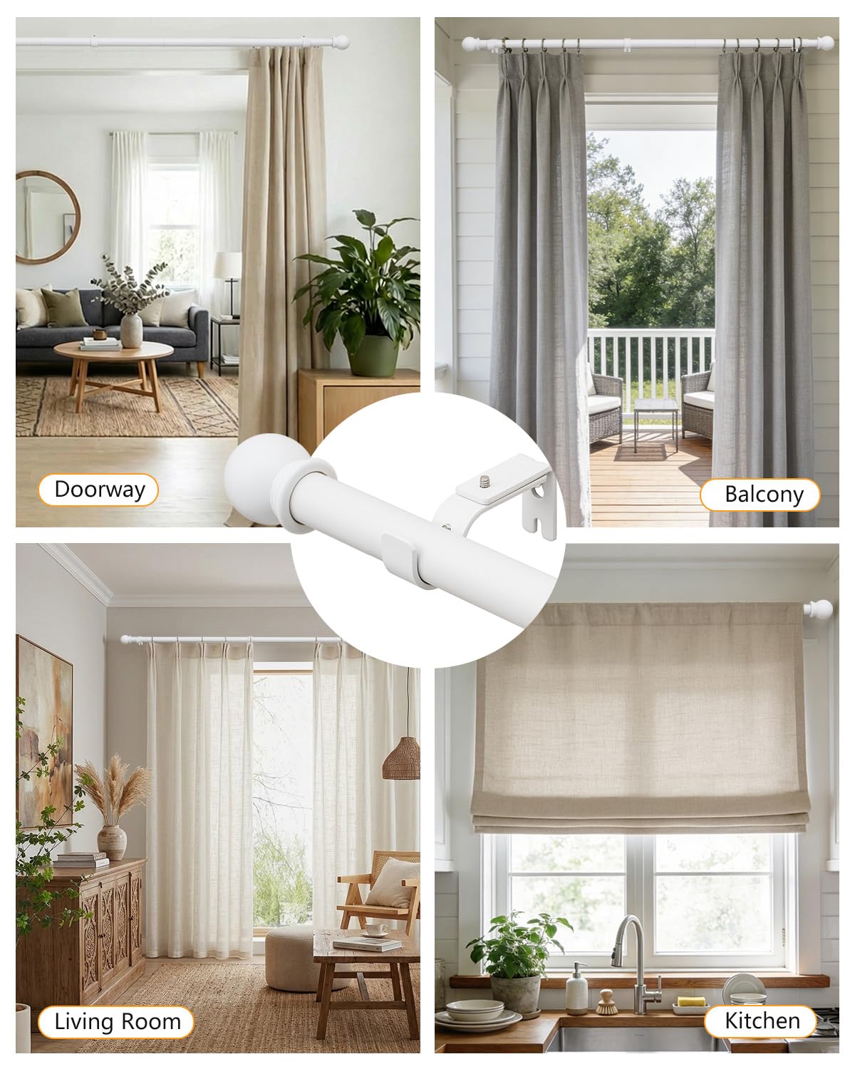 ASULUPHY Heavy Duty 1-Inch Curtain Rod, Adjustable Window Curtain Rods 32 to 116 Inches, Long Curtain Pole with Sturdy Thickened Brackets, Durable Drapery Rod for Bedroom, Living Room & Door-White