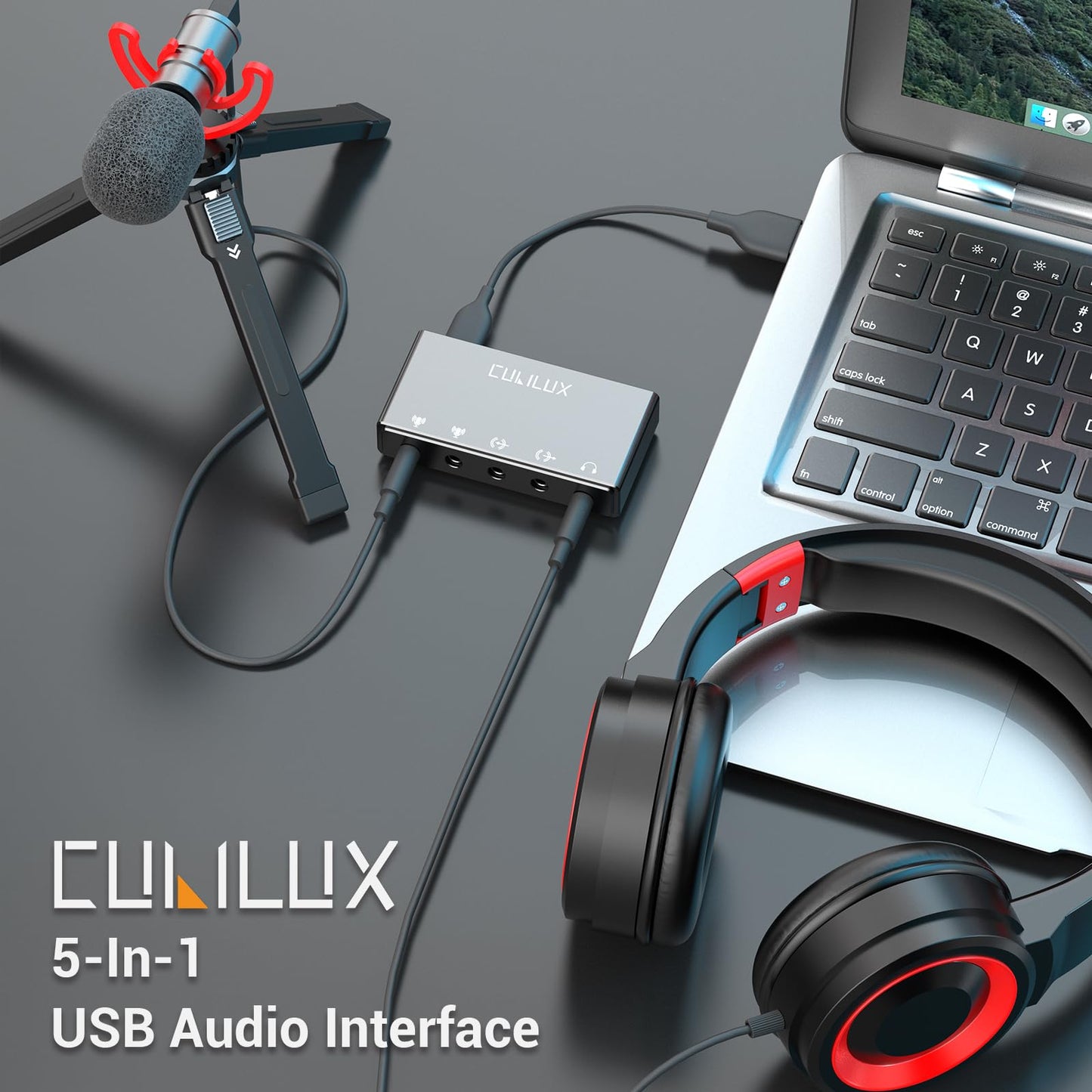 Cubilux CB5 USB Audio Interface for Recording, USB to 3.5mm Sound Card with Stereo Microphone Input, Line-In, Line-Out & Headphone Jack, Support Windows & Mac OS