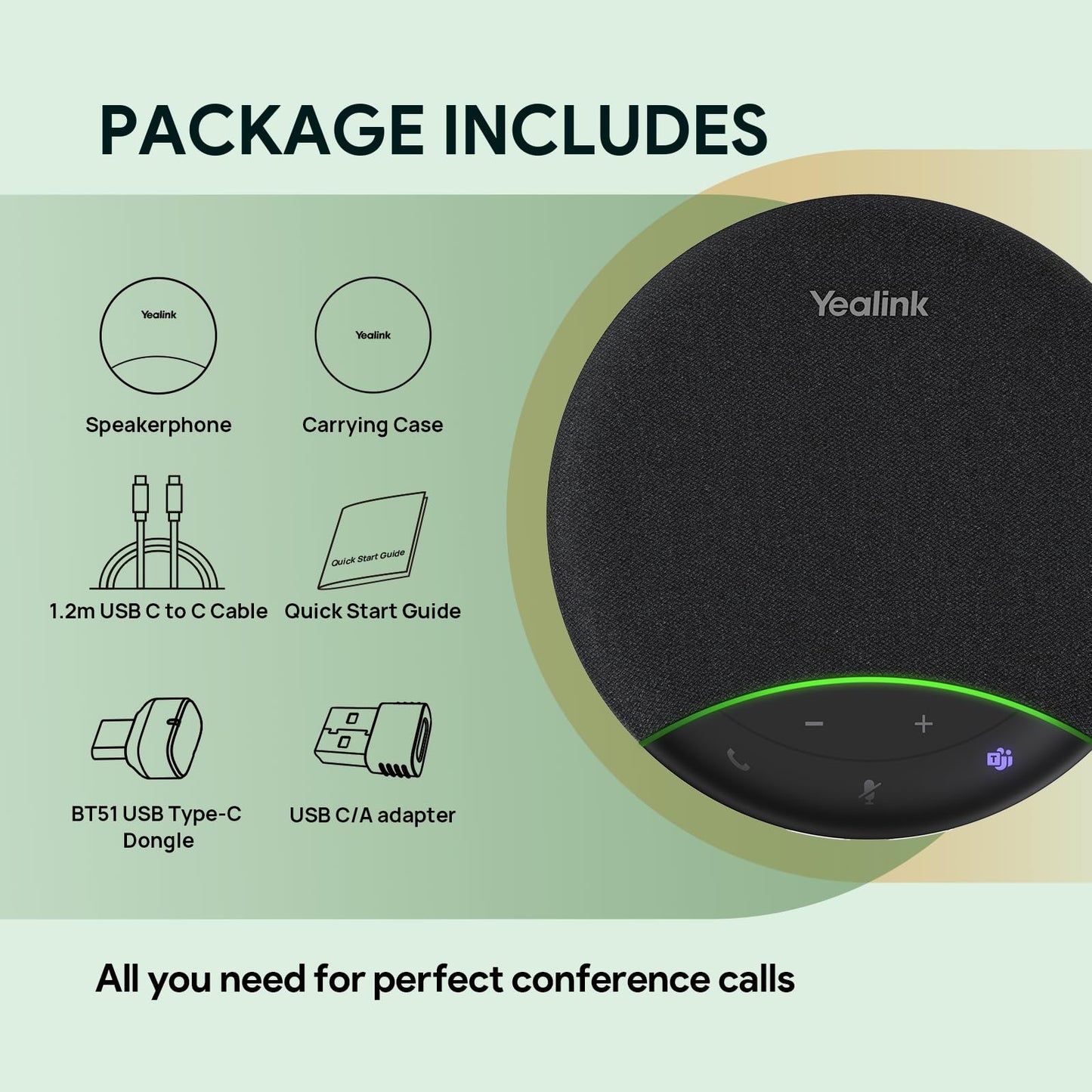 Yealink SP92 Bluetooth Speaker and Microphone with Dongle, Conference Speakerphone for Teams, 13ft 360° Omni Pickup, Full-Duplex Mic, Al Noise Reduction, 20H Call Time, USB C/A