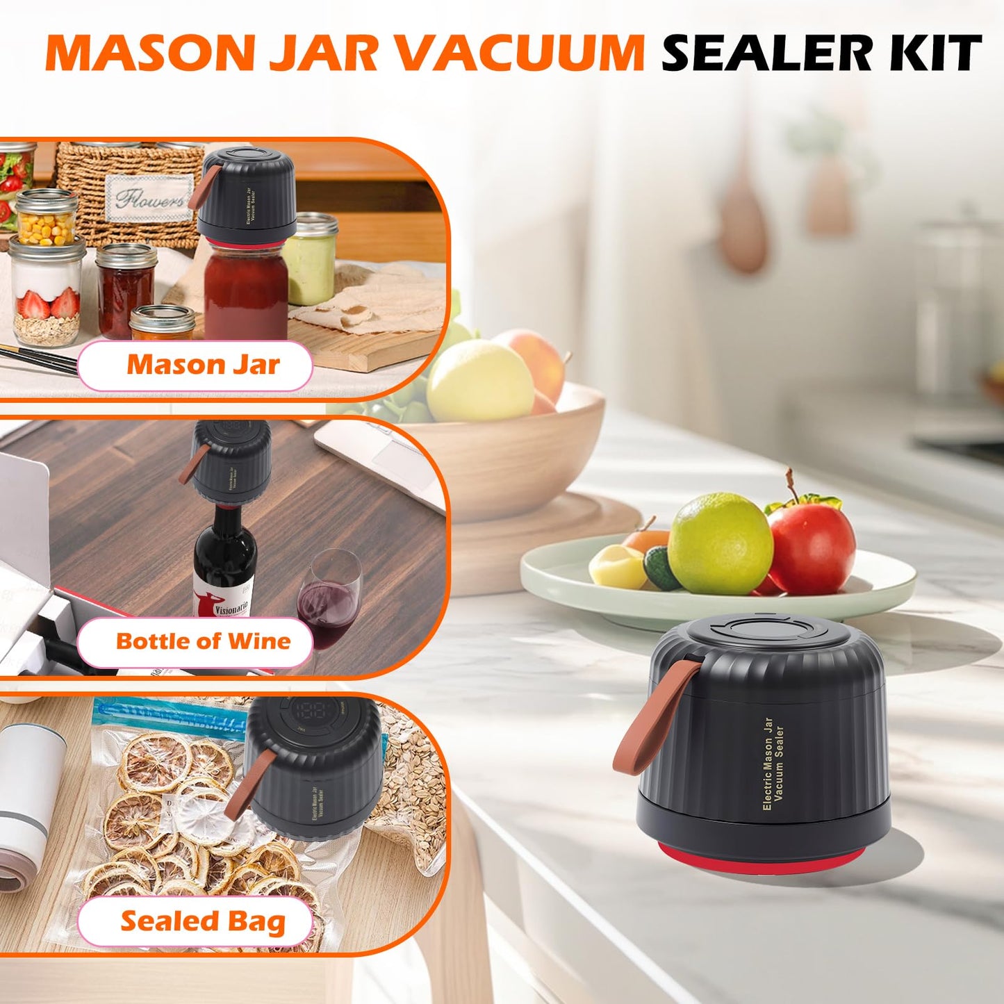 Electric Mason Jar Vacuum Sealer, Upgraded 3-in-1 Portable Vacuum Sealer Kit - for Mason Jars, Vacuum Seal Bags & Containers - Ideal for Canning Jams, Pickles, Dry Foods & Grains-Inky Black
