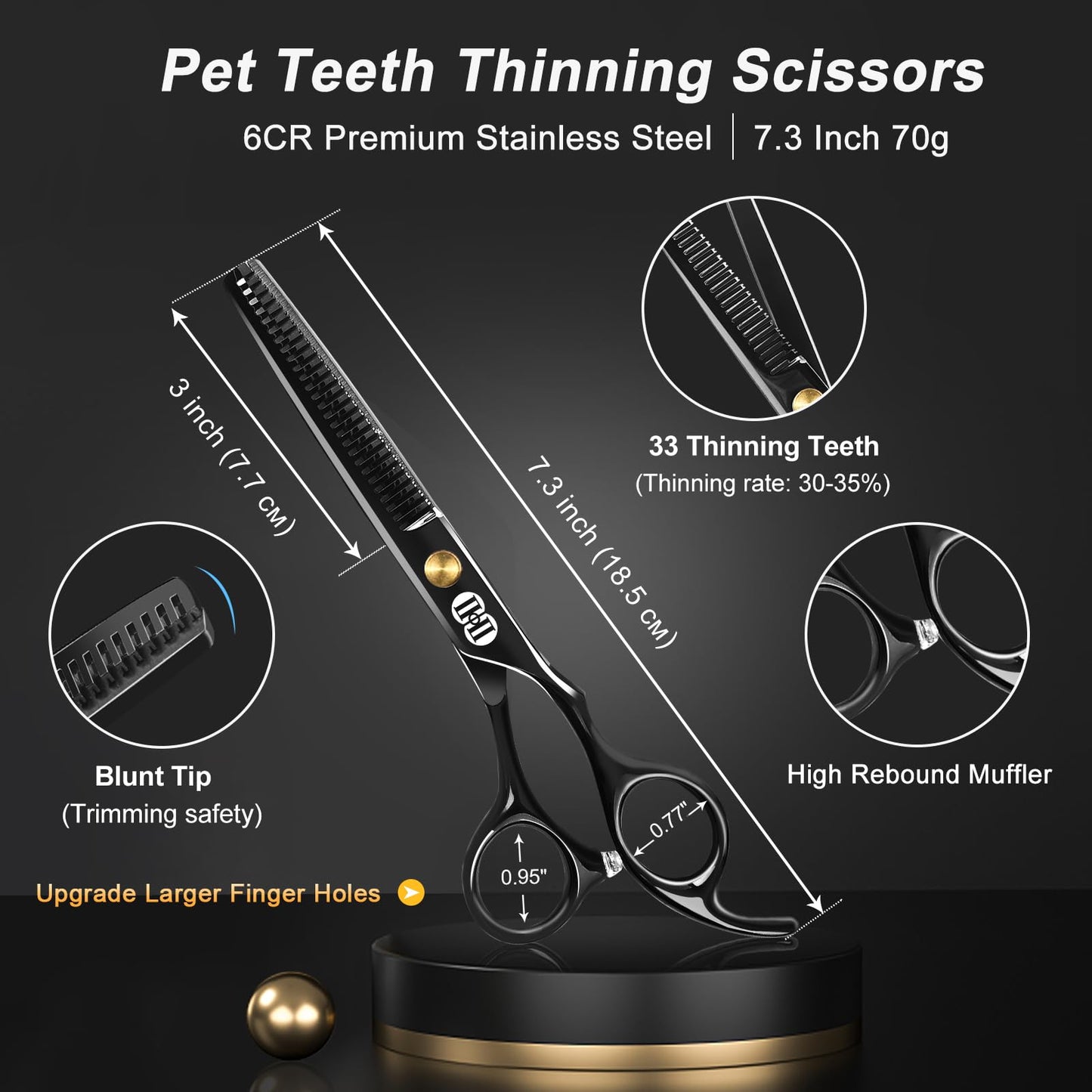 CIICII Dog Grooming Scissors Kit, 10-in-1 Professional Pet Grooming Scissors Set with Safety Round Tip (Dogs/Cat Hair Cutting Trimming Thinning Shears with Curved Scissors) for DIY Home Salon (Black)