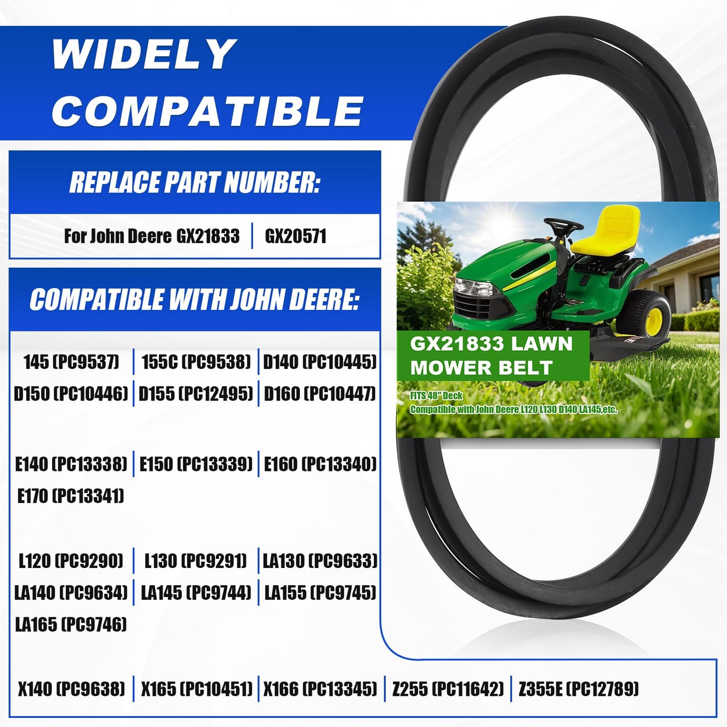 2Pack Upgrade 48 Inch GX21833 Mower Deck Drive Belt Replacement Compatible with John Deere L120 L130 145 D140 LA145 LA130 D150 D160 LA165 LA155 X165 GX20571 Fit Stens 265-238 -Dpwrrot