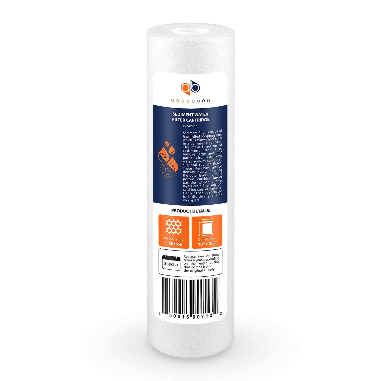 Aquaboon 5 Micron Water Filter 10" x 2.5" PP Universal Sediment Filters for Well Water - Water Filter Replacement Cartridge for Any Standard RO Unit Compatible with Aqua Pure AP110, AP101T (6 Pack)