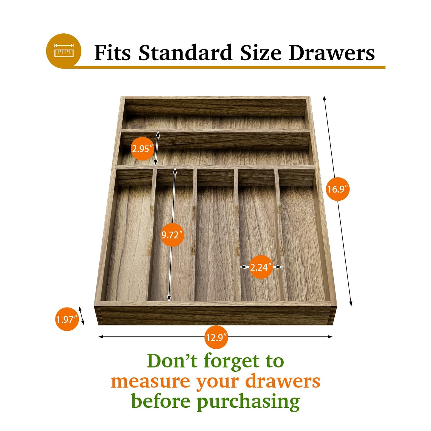 Kiasthome Acacia Wood Silverware Drawer Organizer, Kitchen Utensil Cutlery Drawer Organizer with Grooved Dividers, Flatware Organizer Silverware Tray Holder for Spoon, Fork, 13''x16.9'' (7 Slots)