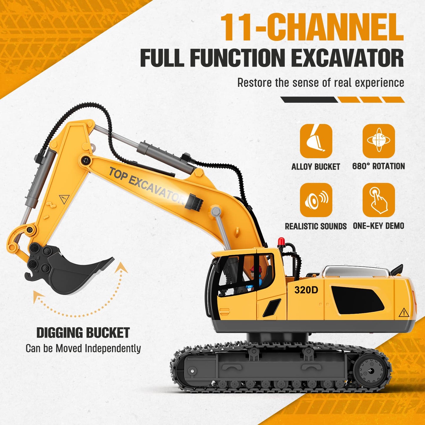 NOKA Remote Control Excavator Toys - 11CH RC Excavator Toys, RC Engineering Truck Toy with Rechargeable 2×1200mAh Battery, Metal Shovel, Lights Sound, Christmas Birthday Gift for Boys Kids Age 3+