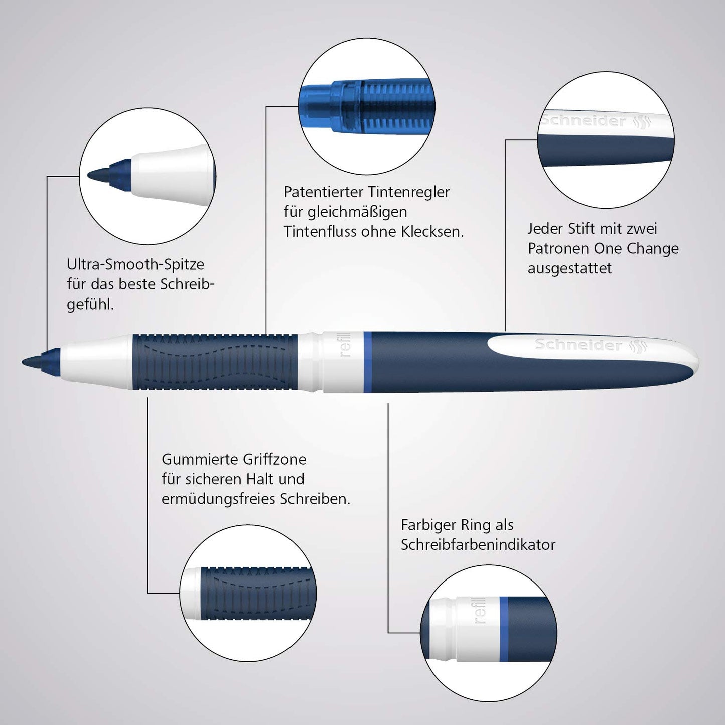 Schneider One Change Rollerball Pen, Refillable, 0.6 mm Ultra-Smooth Tip, Blue/White Barrel, Blue Ink, Box of 5 Pens (183703)