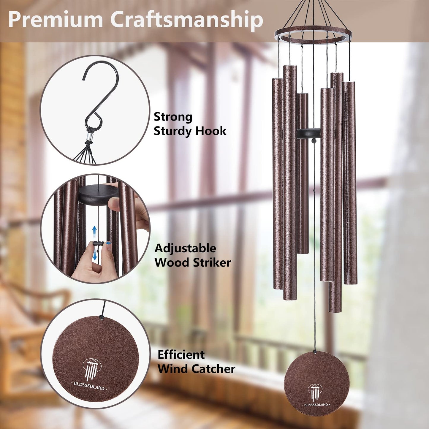 BLESSEDLAND Wind Chimes-Large Deep Tone,41" Wind Chime 6 Aluminum Tubes,Outdoor Decor for Garden,Yard,Patio and Home (Copper Vein)
