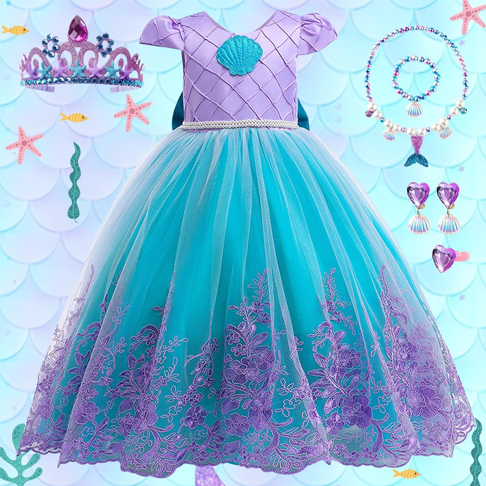 Mermaid Princess Costumes for Girls, Princess Dress Up with Accessories for Birthday Party Halloween Carnival Cosplay (110)