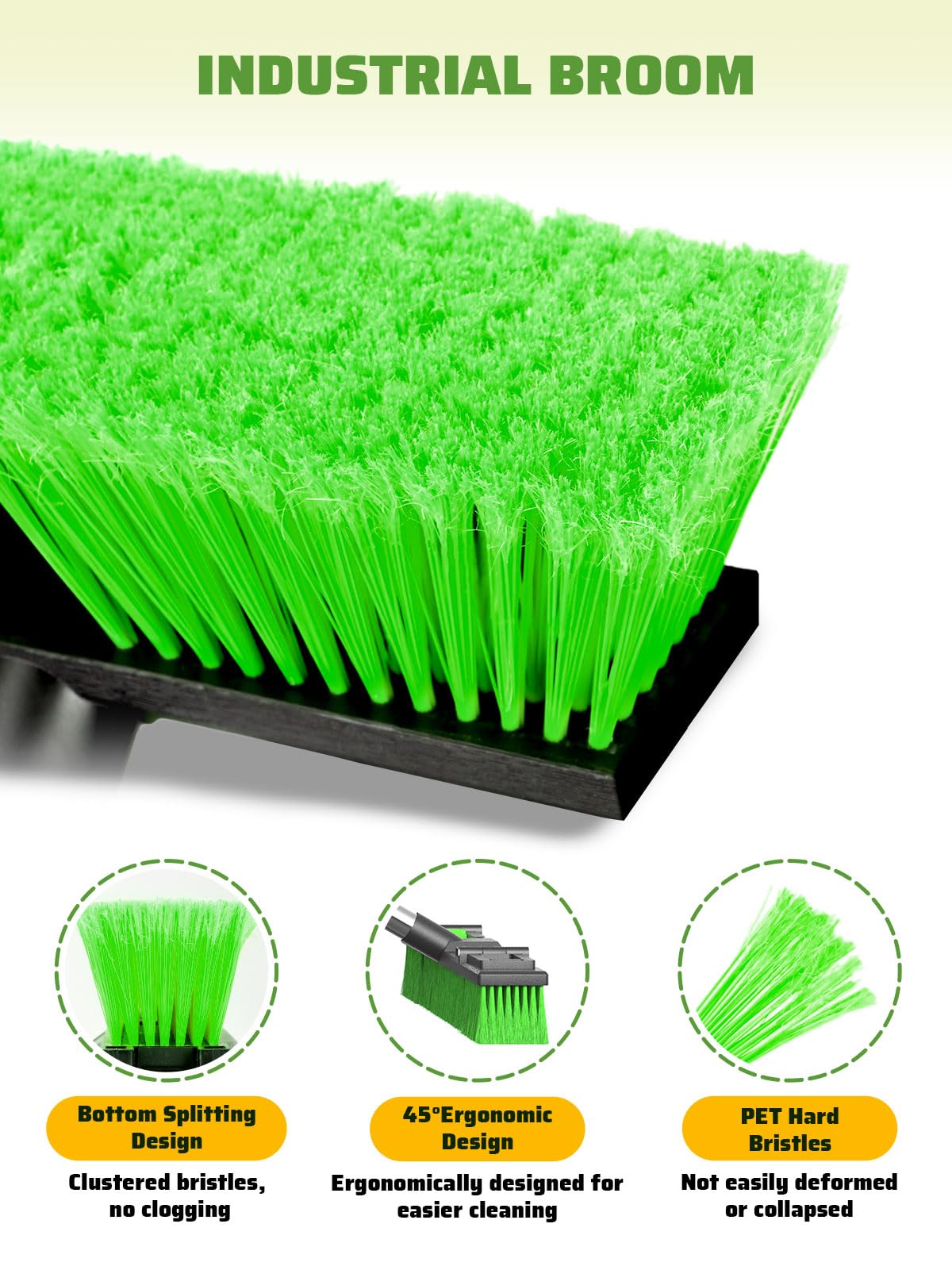 18”/45cm Large Wide Adjustable Heavy Duty Outdoor Push Broom Stiff Brush Head with 4 Section Threaded Handle 60"/152cm for Warehouse Driveway Garage Patio Sidewalk Floor Dirt Workshop Deck Cleaning
