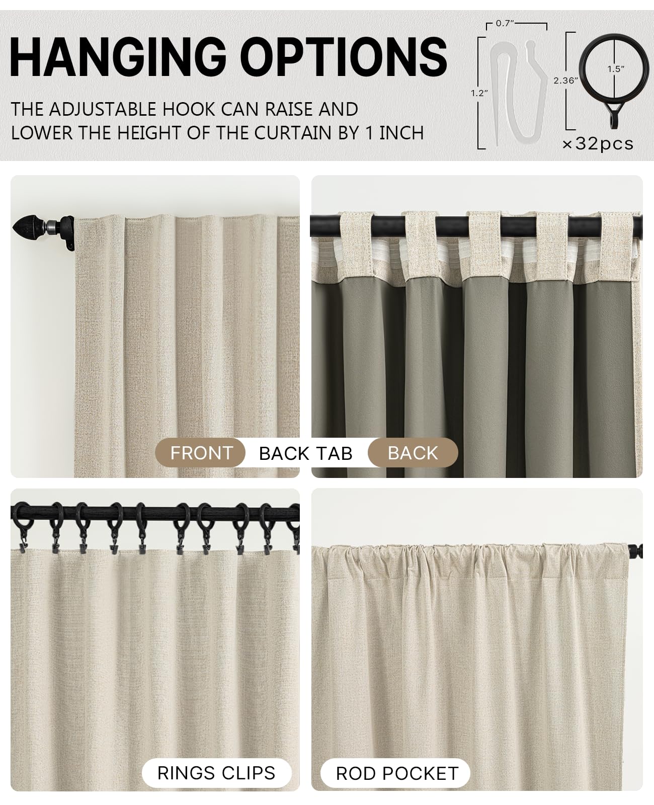 Gleantdeco 100% Blackout Bedroom Curtains-Thermal Insulated Room Darkening Window Drapes, 84" (7ft) 2 Panels, Natural Linen Blend Fabric with Boho Farmhouse Drapes with Back Tab Rod Pocket, Cream