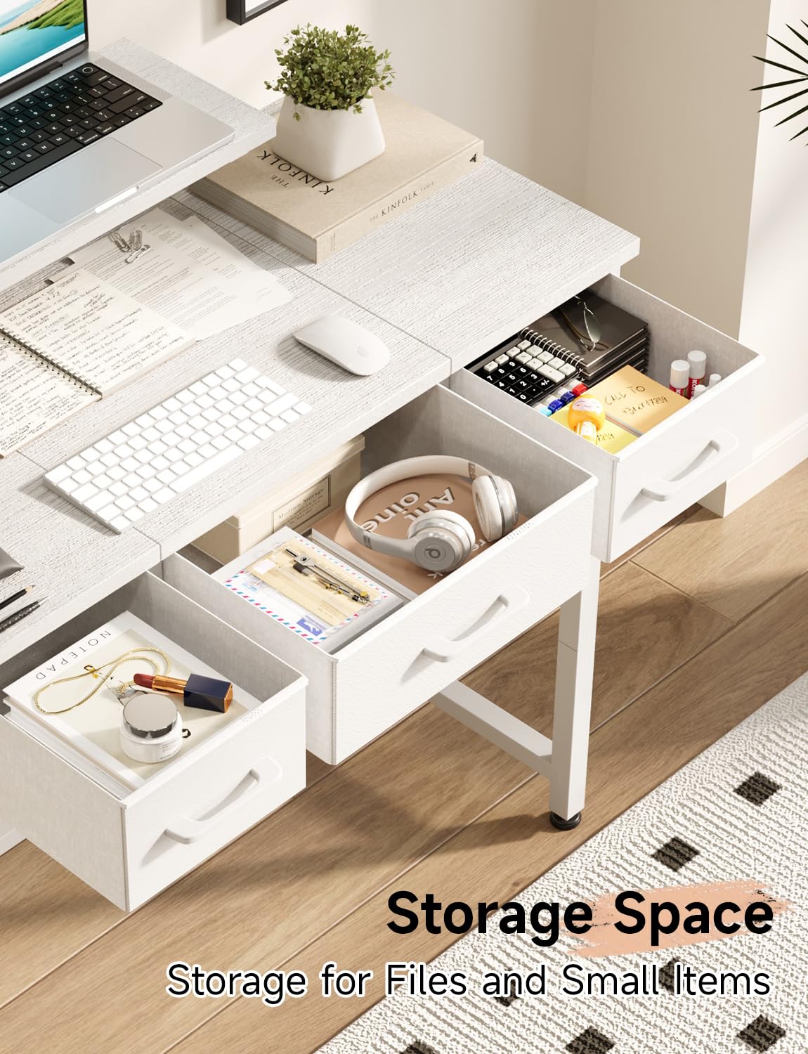 KitMent Small Desk with 3 Fabric Drawers, 30 Inch Computer Desk with Hook, Work for Home Office, Study Table, Kid’s Desk, Makeup Vanity Desks, Made of Wood & Metal, White