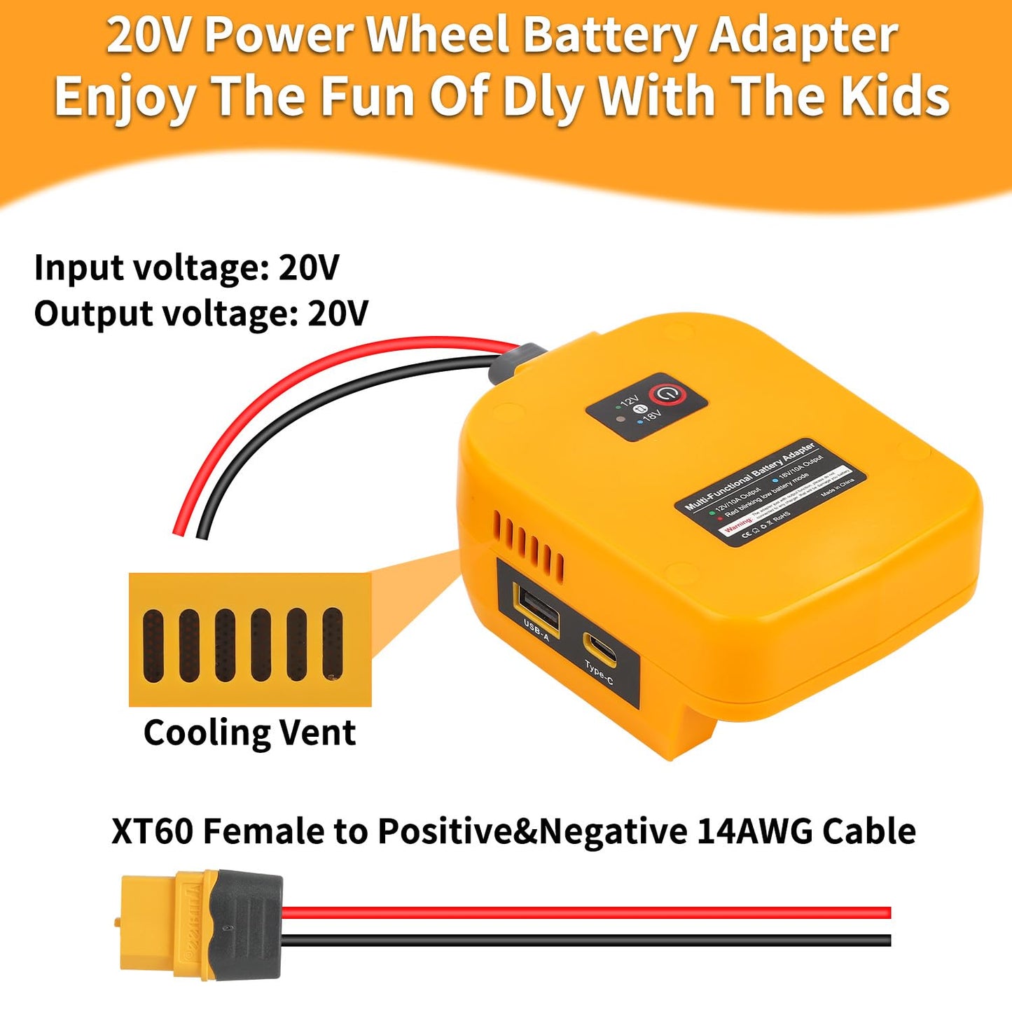 20V to 18V/12V Step-Down Converter for Dewalt 20V Max for Power Wheel Battery Adapter, DC 12V 10A 120W Buck Converter Regulator with 30A Fuse & Wire Terminal for Golf Cart RC Car Truck Light & DIY
