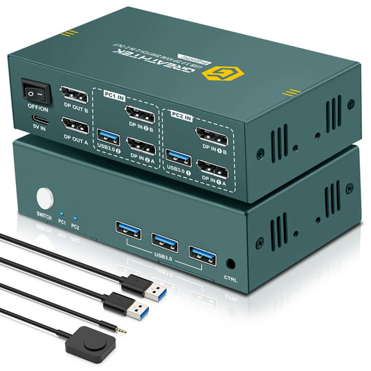 8K@60Hz Displayport KVM Switch 2 Monitors 2 Computers USB3.0, 4K@240Hz KVM Switch Displayport with 3 USB3.0 Ports Share Keyboard and Mouse, Camera, USB Drive, Support Desktop Controller