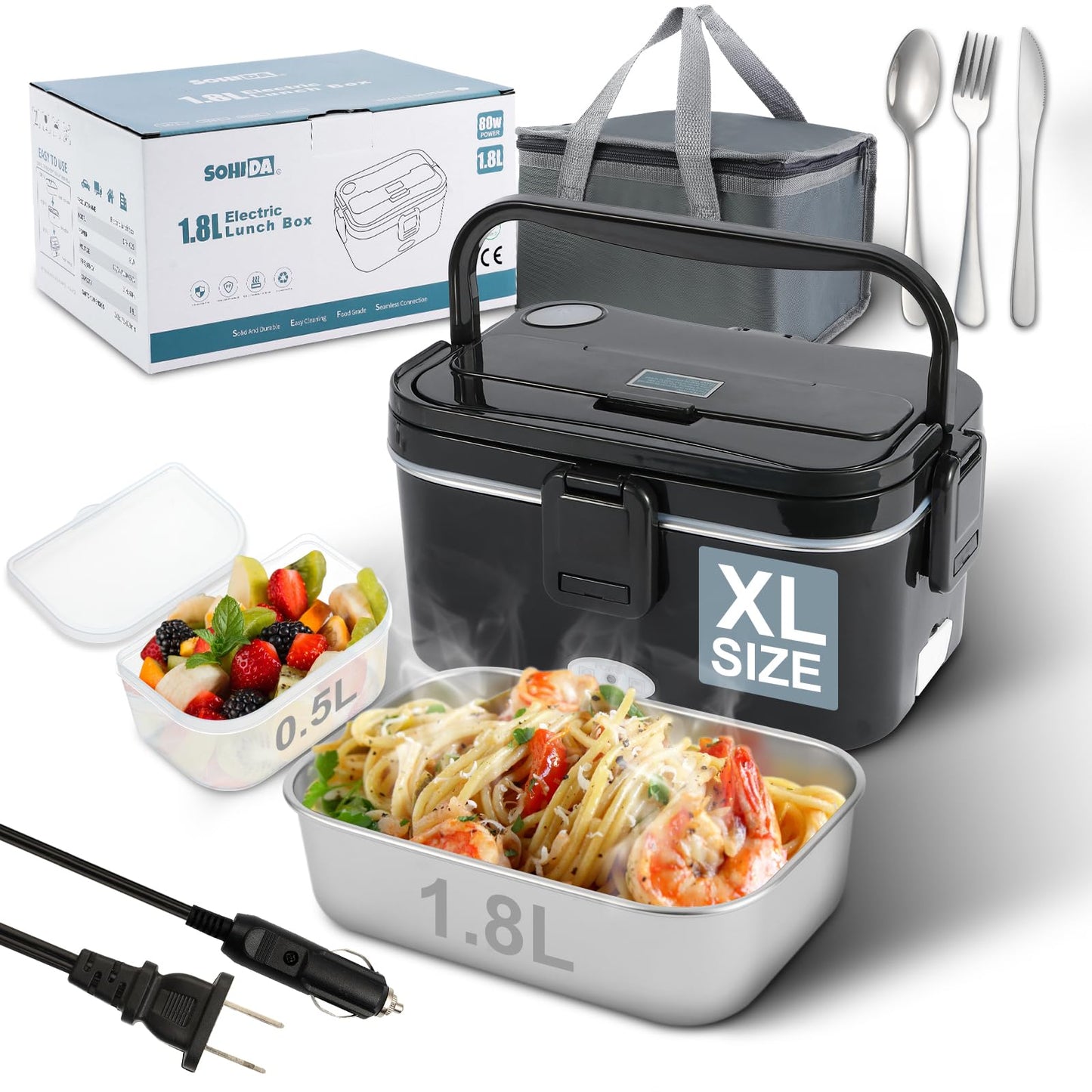 SOHIDA 1.8L+0.5L Heated Lunch Box for Men, 80W Electric Lunch Box with Long-Handled Utensils for Adults, 12V/24V/110V Lonchera Eléctrica Portátil, Portable Food Warmer for Car/Truck/Office (Black)