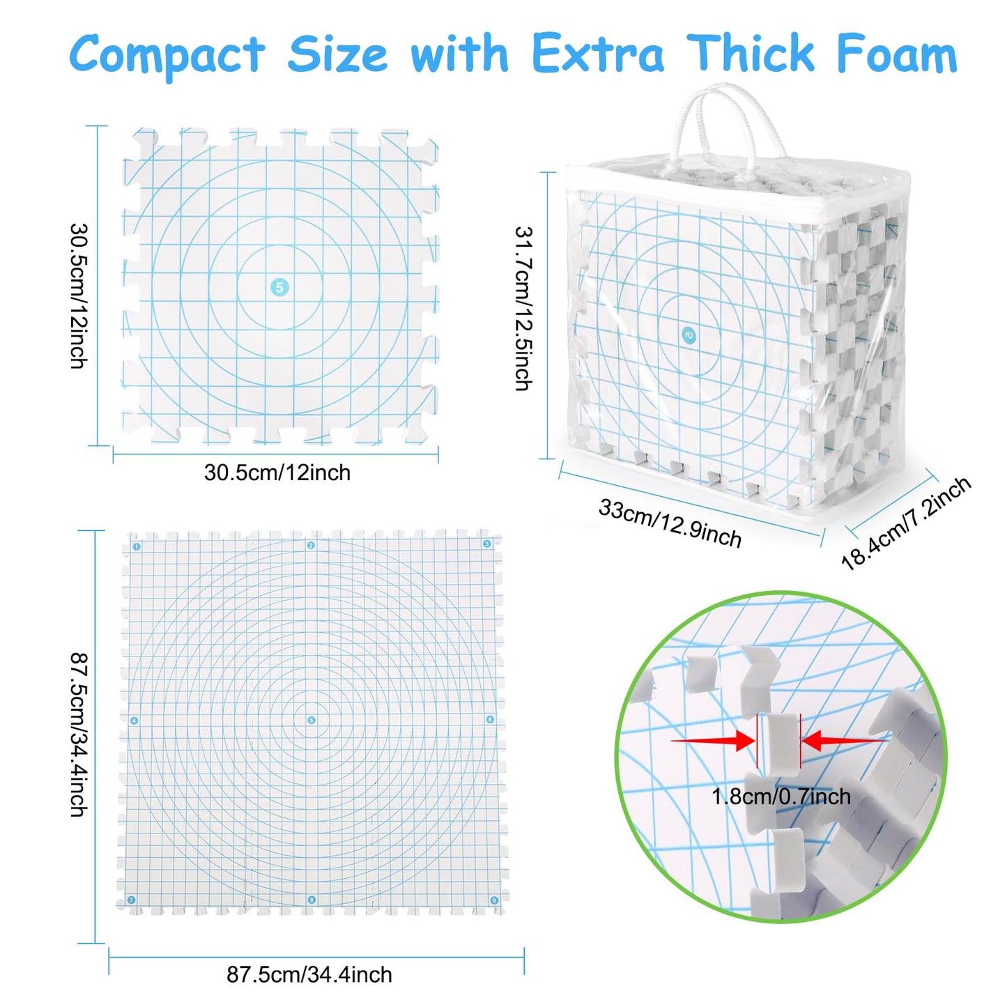 Mevome Blocking Mats for Knitting, Interlocking Extra Thick Block Boards 12”x12” for Crochet Projects with Grid Lines Needlepoint Knit Crocheting, 4 Foam Mat & 100 T-pins Granny Gift (White 4pcs)