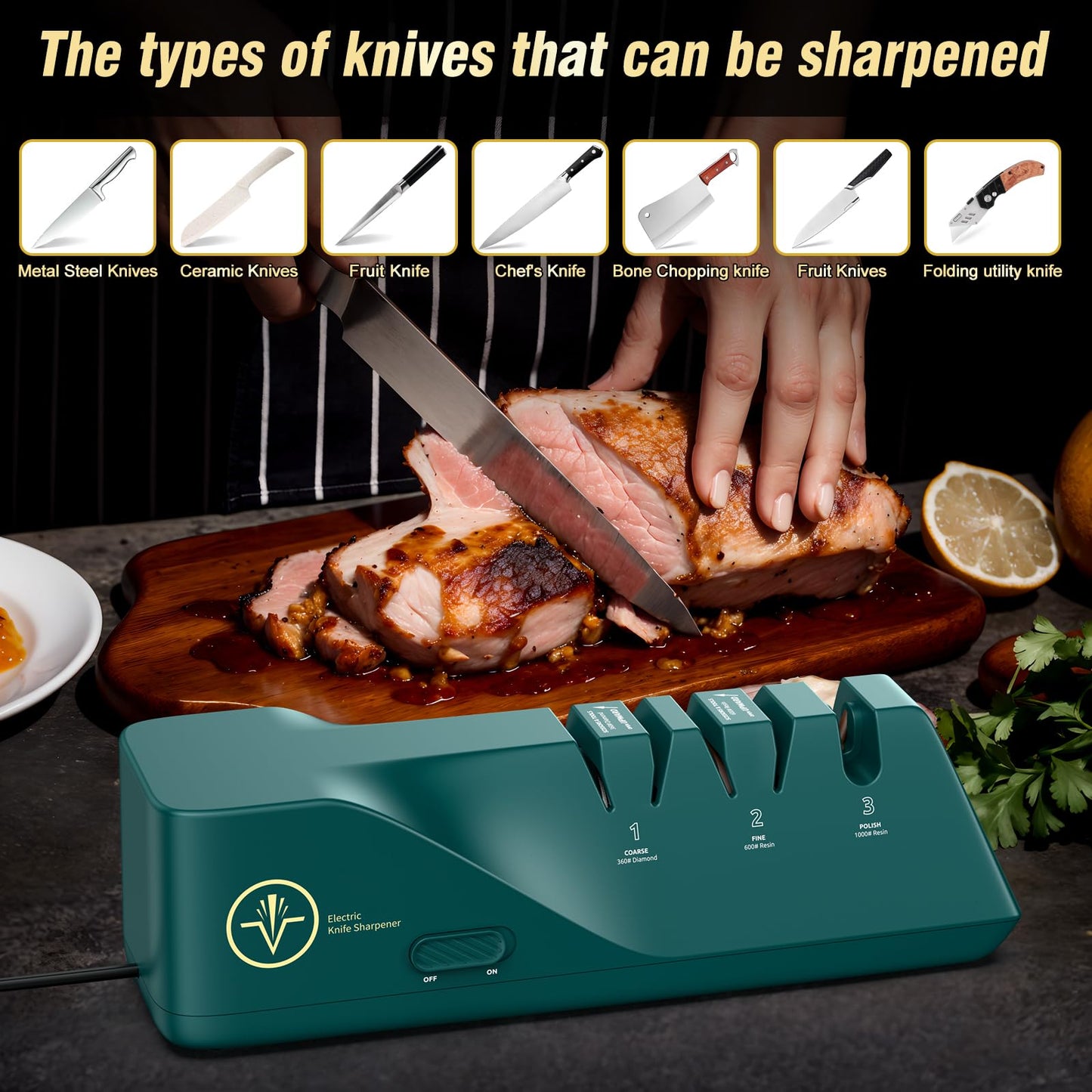 Knife Sharpener, Diamond Abrasives Electric Knife Sharpener for Stainless Steel and Ceramic Knives, with Dust Collection Box, Quick Sharpening & Polishing