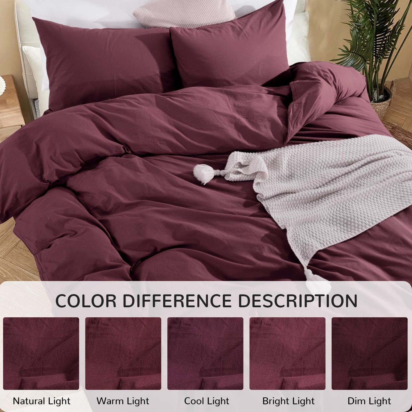 NEXHOME PRO Duvet Cover Set Queen Size Linen Look Textured 100% Washed Cotton Duvet Cover Burgundy Dark Red 3 Pieces Bedding Set with Zipper Closure,Breathable, Soft Organic Natural(No Comforter)