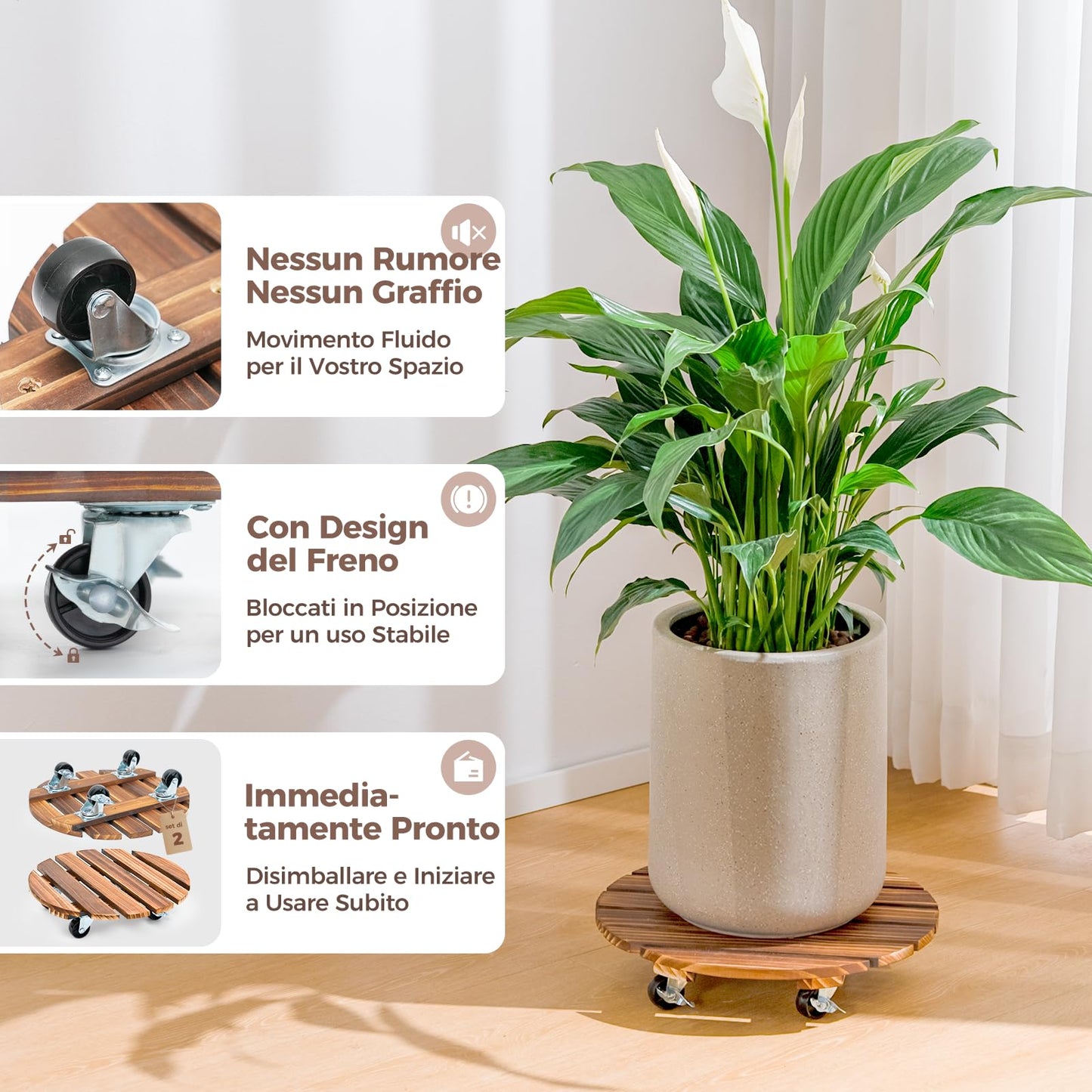 Bamworld 2-Pack 14 Inch Wood Plant Caddy with Wheels – Heavy-Duty Plant Dolly with 240 Lbs Capacity, 360° Lockable Wheels for Large Plant Pots, Heavy Objects, Ideal for Indoor and Outdoor Use