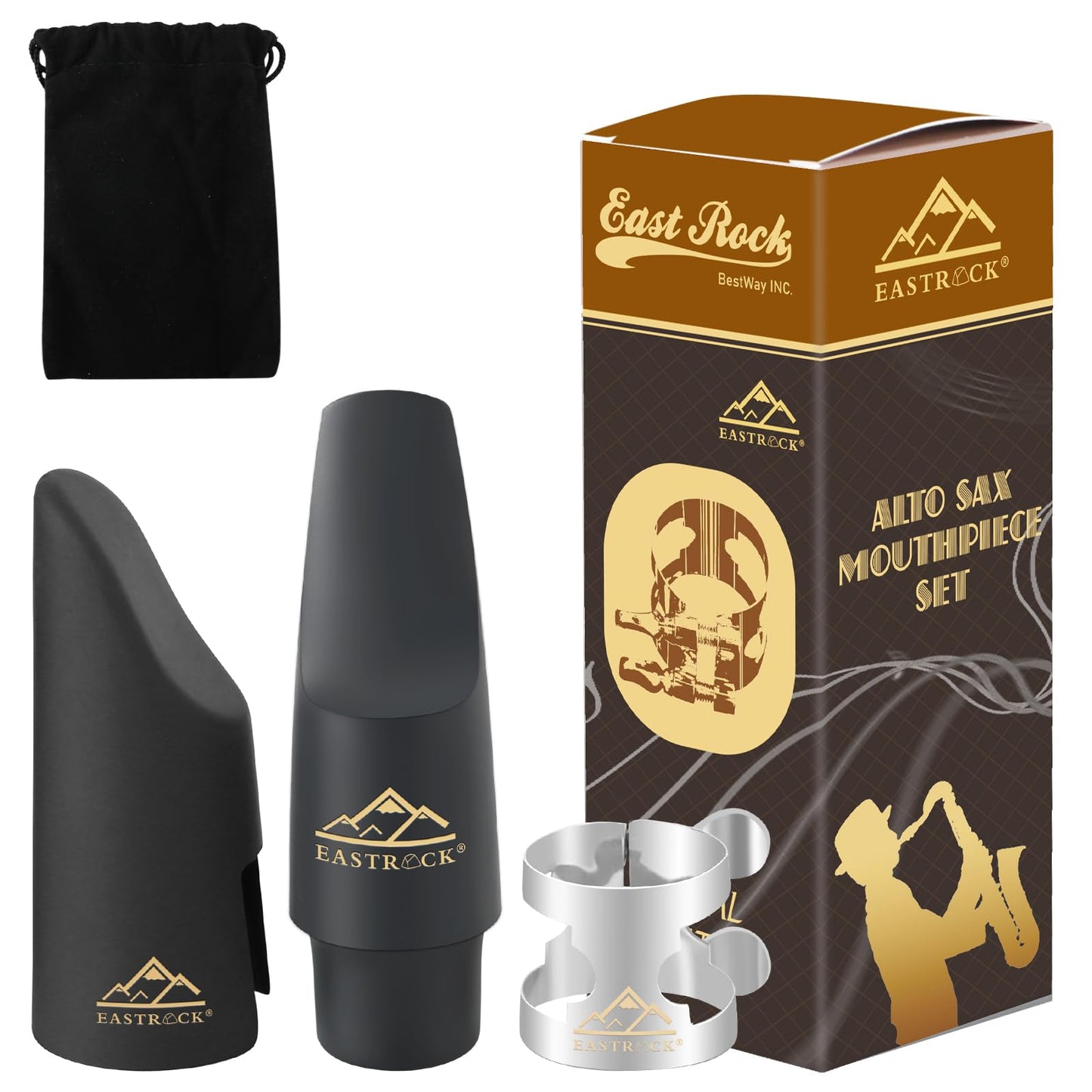 EASTROCK Alto Saxophone Mouthpiece Kit-includes Metal Ligature, touchable Cap for Alto Saxophone, cushion pads, Velvet bag