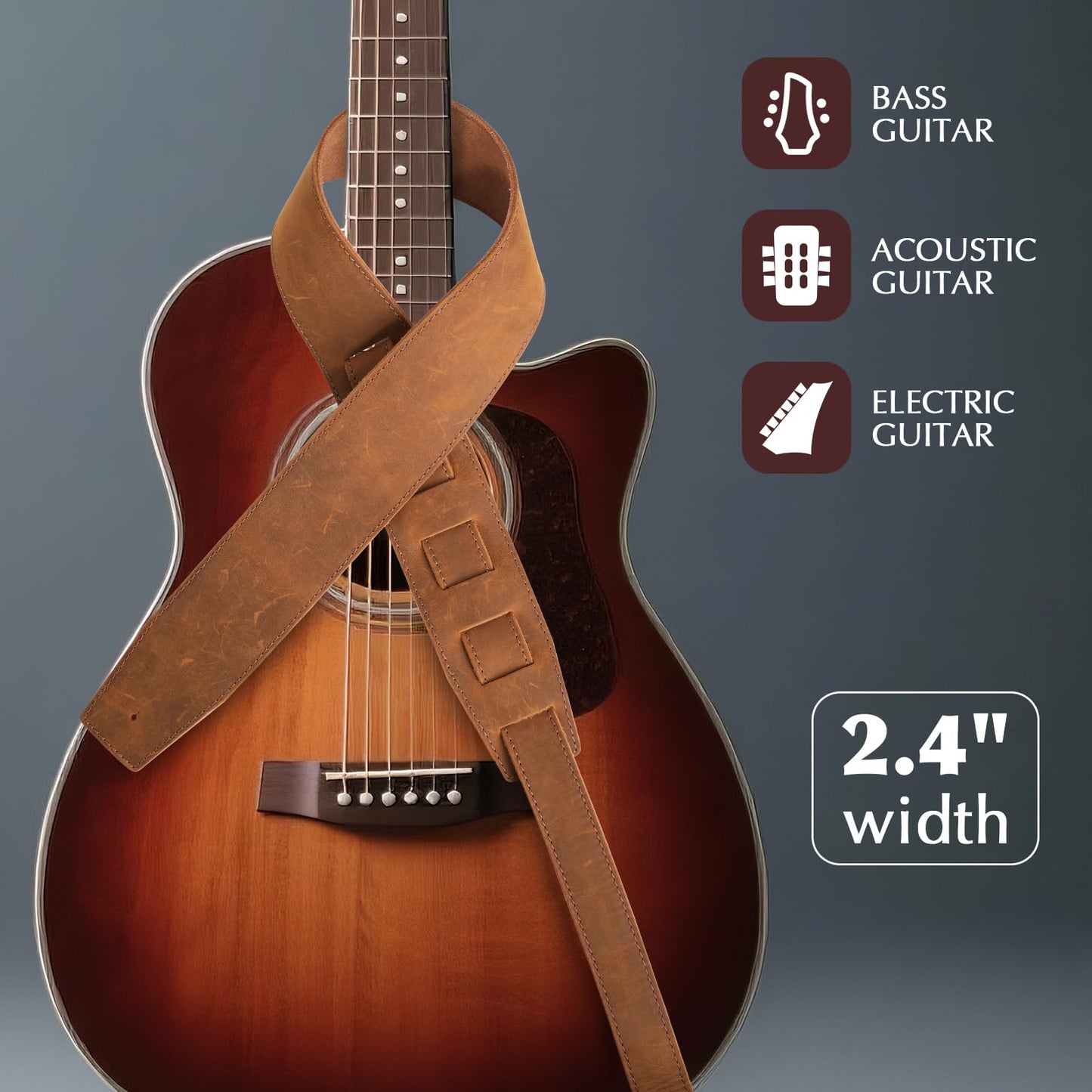 MCKDERWRILL Leather Guitar Strap, Adjustable 45" to 52", Reinforced Keyhole & Slots, 2.4 Inches Width Leather Guitar Strap for Bass, Electric guitar and Acoustic Guitar (Brown)
