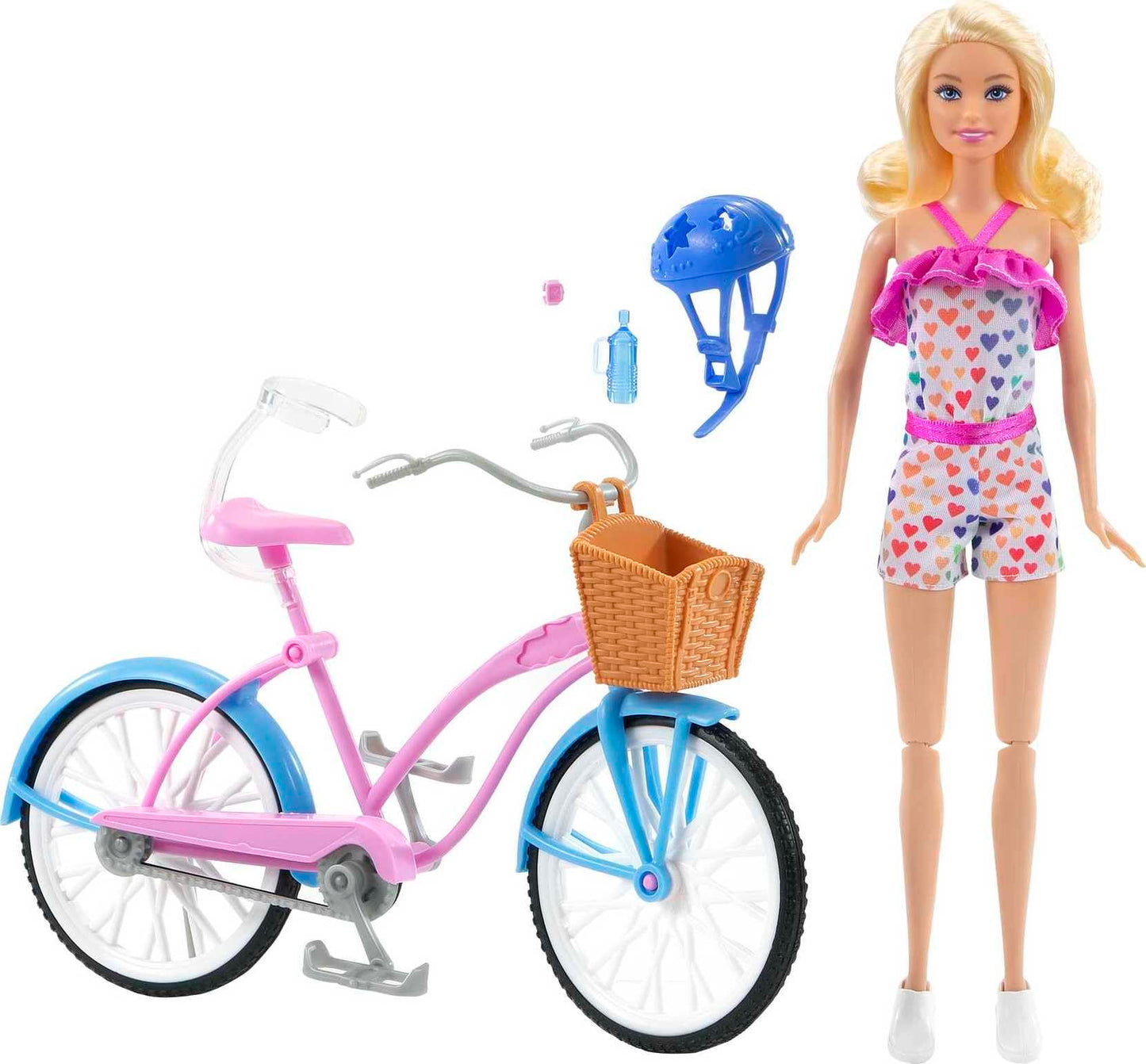 Barbie Doll and Bike Playset with Doll (11.5 in, Blonde), Bicycle with Rolling Wheels & Water Bottle Accessory, Toy for 3 to 7 Year Olds