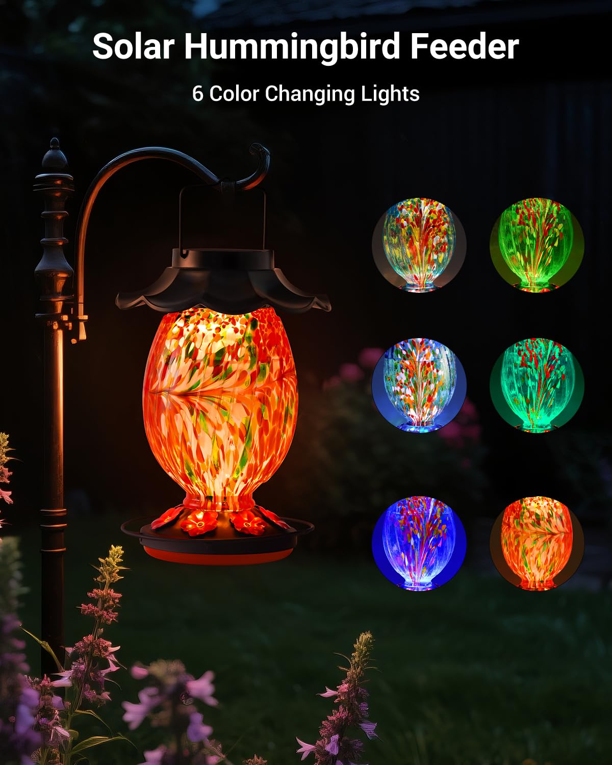 HouseSapp Solar Hummingbird Feeder - 49 fl.oz Hand Blown Glass Color Changing - 7 Feeding Ports with Perch - Never Leak - Perfect Hummingbird Feeder for Outdoors Hanging (Red)