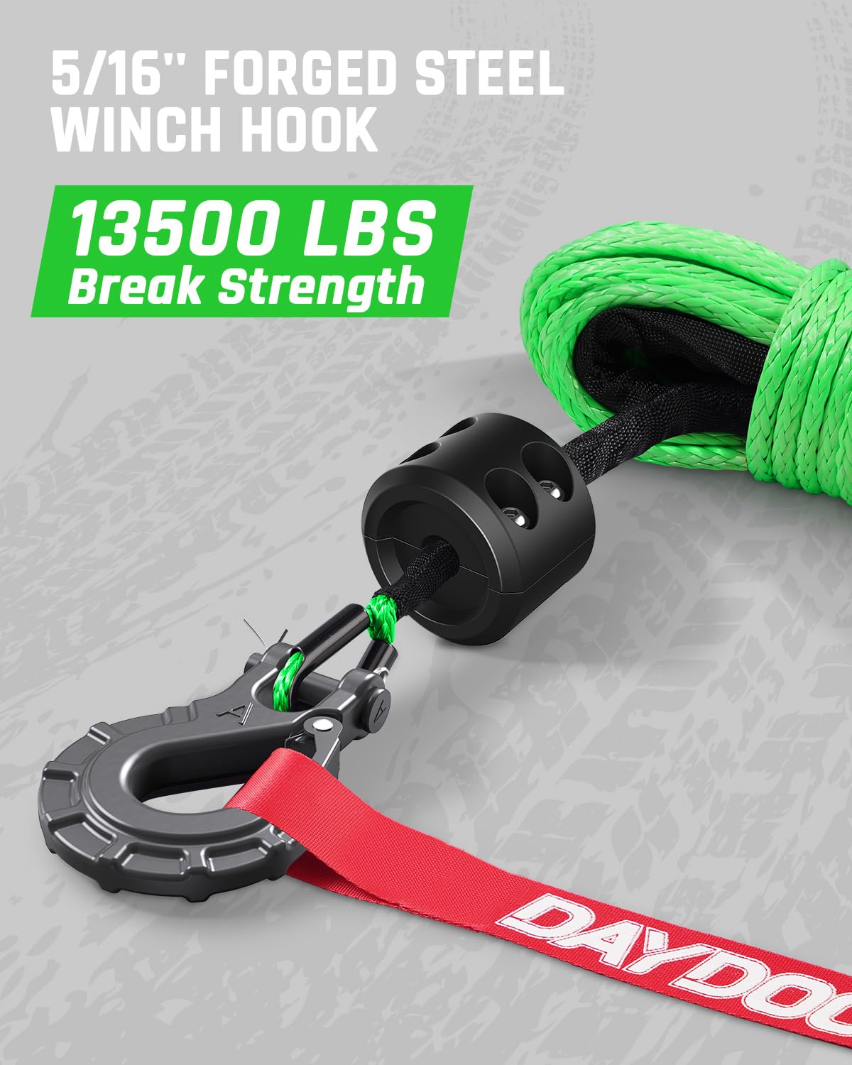 DAYDOOR Synthetic Winch Rope, 1/4 Inch x 50ft 10,000LBS Synthetic Winch Line, Synthetic Winch Cable for Offroad Vehicle 4WD ATV UTV, Synthetic Rope with Forged Winch Hook and Rubber Stopper (Green)