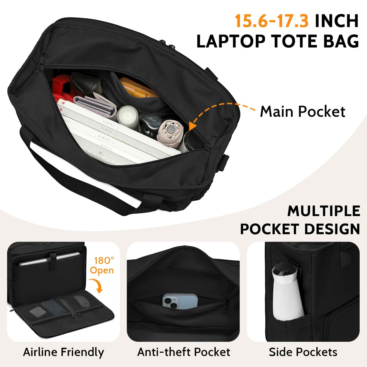 Lunch Bag for Women, Tote Bag with Insulated Lunch Compartment, Non-Leather Water-Resistant Polyester Laptop Bag, Large Capacity & Cup Holder, Casual Work Tote for Teacher, Nurse, Travel, Daily, Black