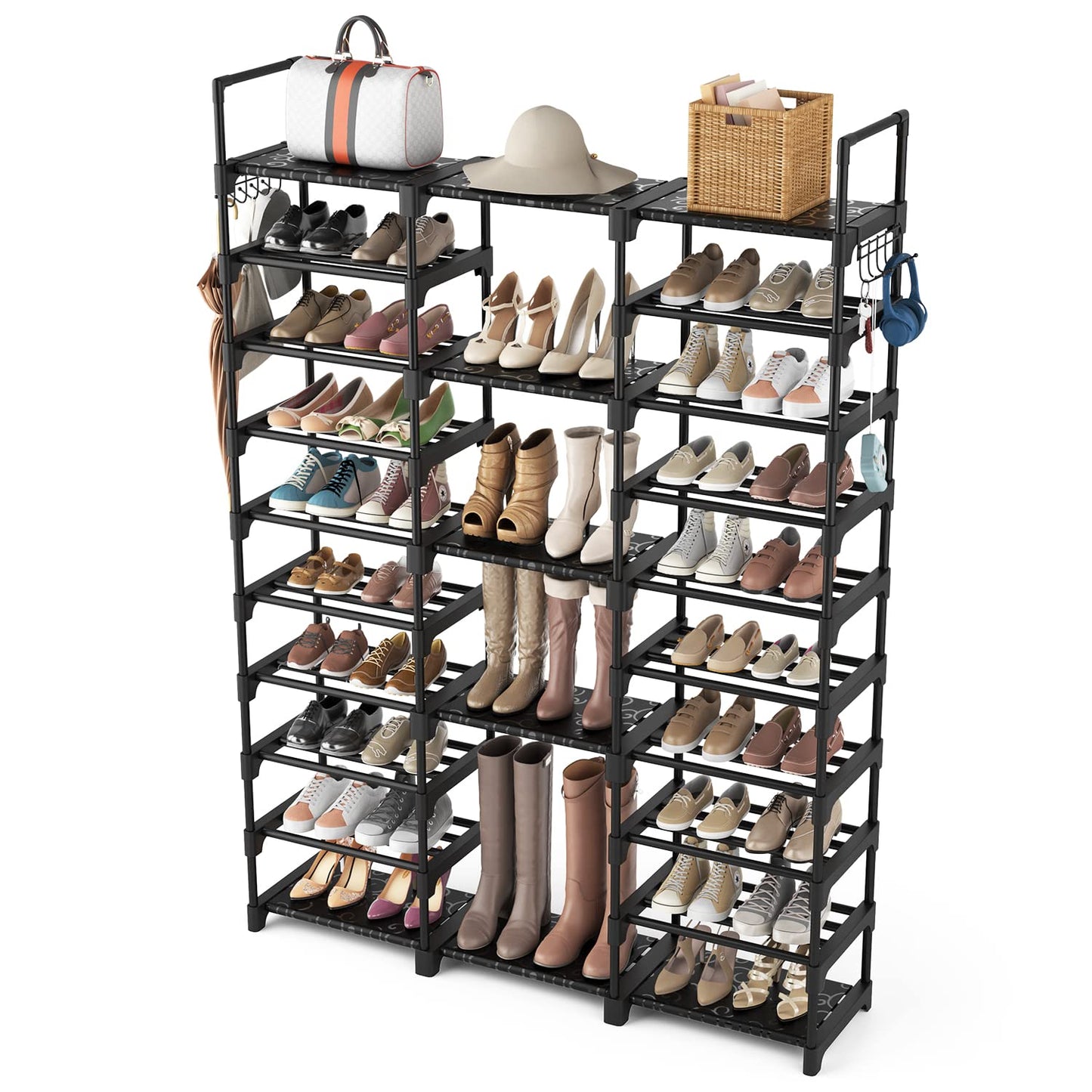 VTRIN large shoe rack Shoe Organizer for Entryway 10 Tiers Holds 54-62 Pairs Shoe and Boots Shelf Organizer Storage Organizer for Closet Durable Metal with Versatile Hooks for Bedroom Garage