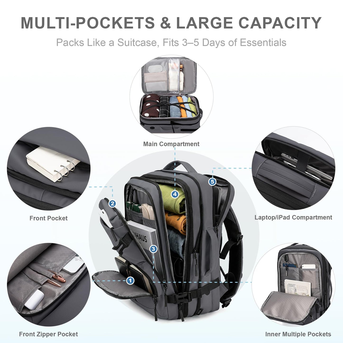 BAGOK Carry On Travel Backpack, 35L-40L Expandable Extra Large Airline Approved,Lightweight Daypack for Men and Women