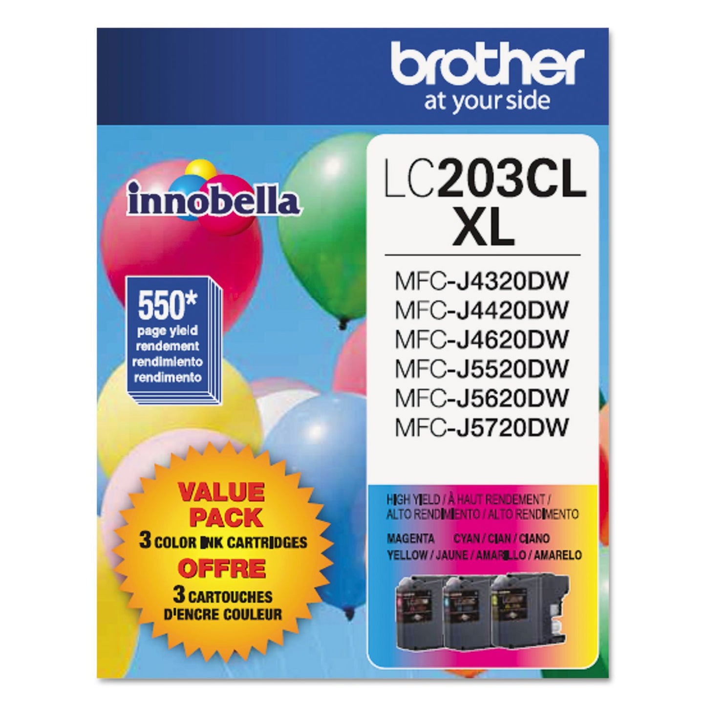 Brother Genuine LC2033PKS High-Yield Colour Ink Cartridge Value Pack (3), Original Ink Replacement cartridges, Cyan/Magenta/Yellow, Ink for Brother Inkjet Printers MFC Models.
