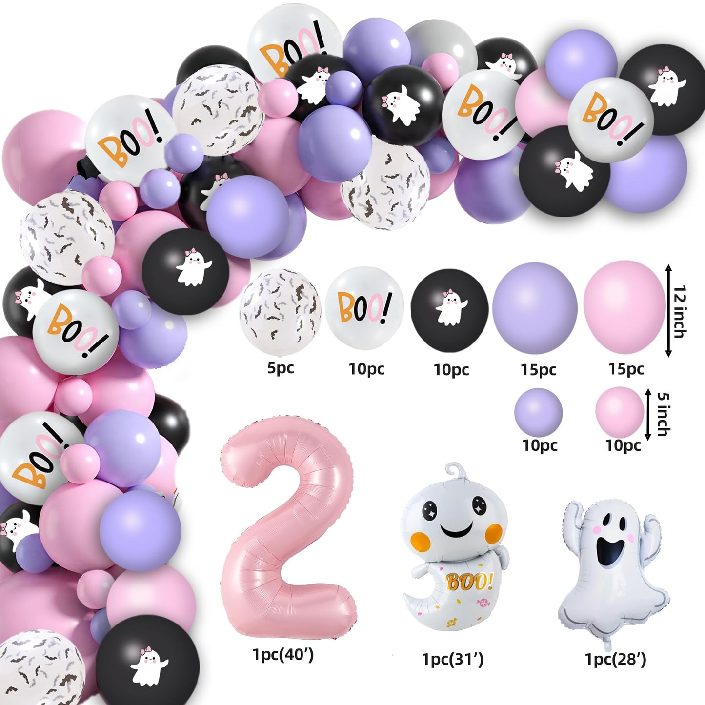 Boo I'm Two Halloween Decorations - 2nd Birthday Party Decorations for Girls - Pink & Purple Ghost, Bat Balloons