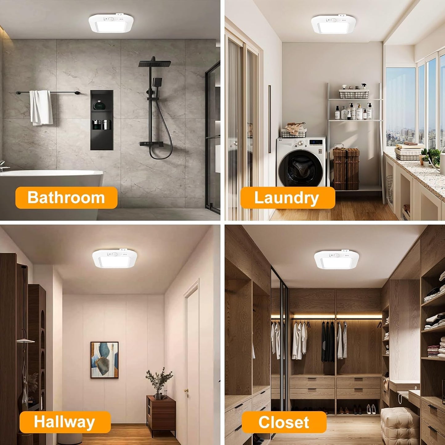 Battery Operated Ceiling Light, Motion Sensor LED Ceiling Light Battery Powered Indoor, Motion Activated Light 6000K for Bathroom Stair Hallway Shed Laundry Daylight Auto On/Off (White, 2 Pack)