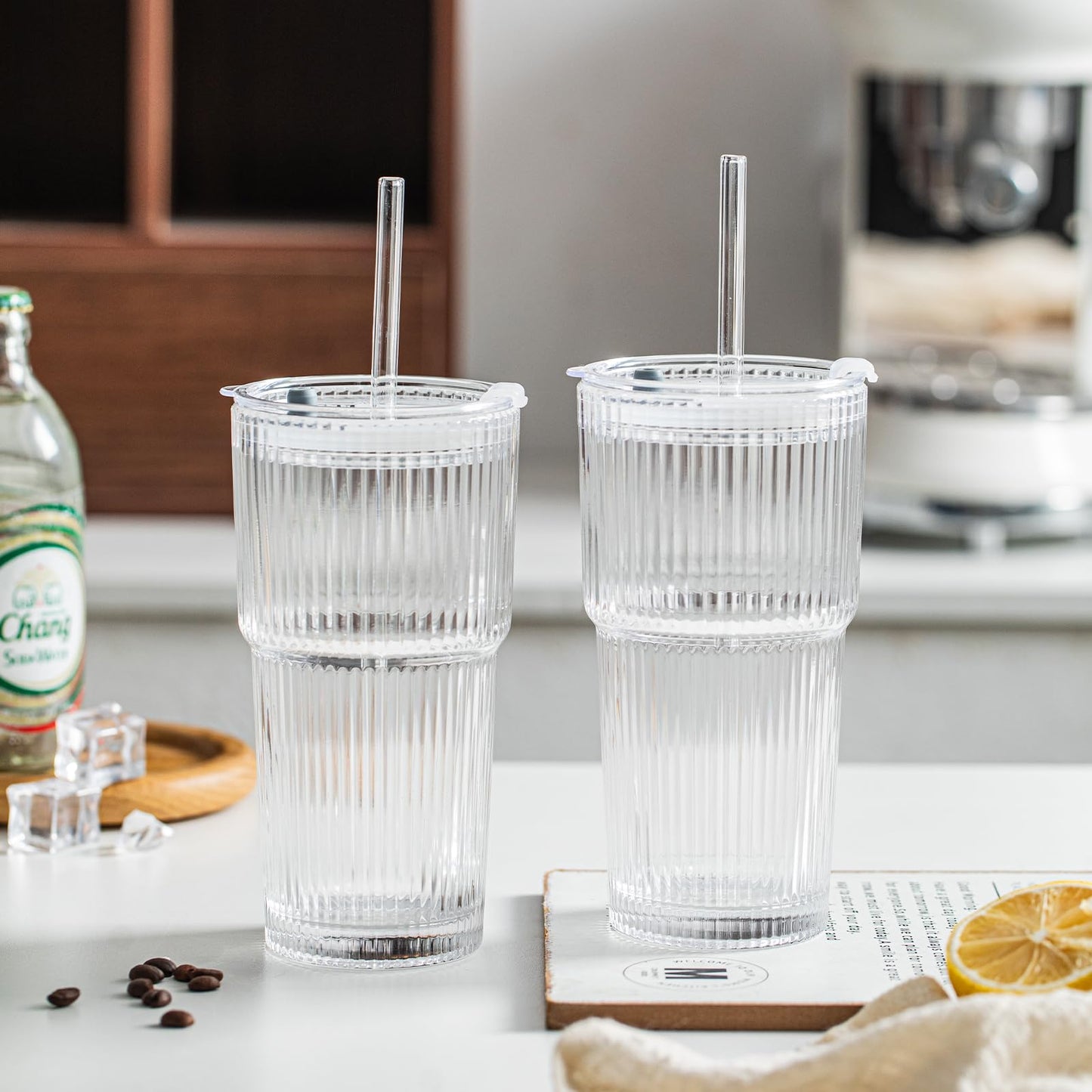 INSETLAN 20 oz Ribbed Glass Tumblers with Lids and Glass Straws – 4-Piece Glassware Set, Heavy-Duty Tumblers, Ideal for Iced Coffee, Smoothies, Cocktails, and Juices – Elegant and Durable Drinkware