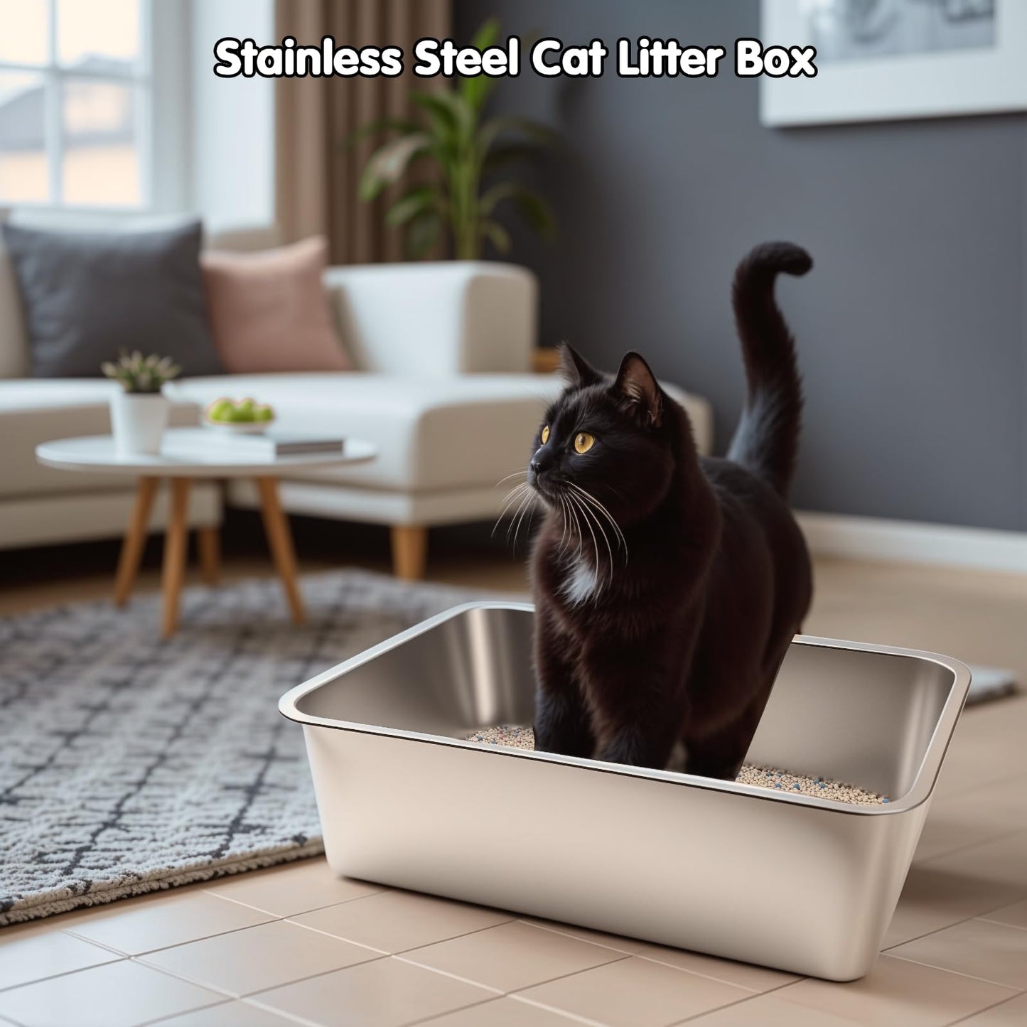Stainless Steel Litter Box, High Sided Large Metal Cat Litter Boxes Easy Clean, Non Stick No Smell Cat Litter Box for Adult Cats/Kitty/Kitten