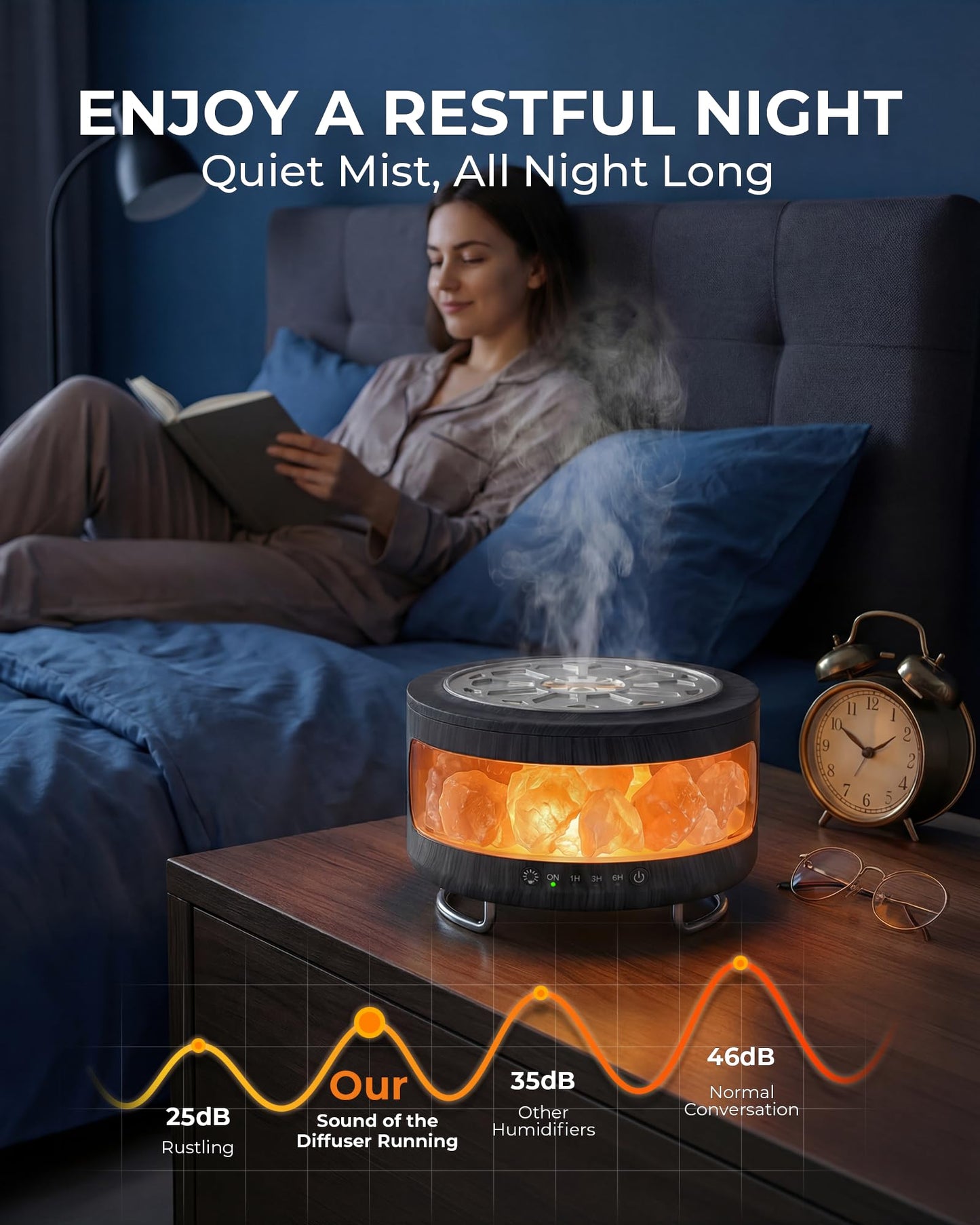 Essential Oil Diffuser with Himalayan Salt Lamp, 350ml Ultrasonic Aromatherapy Humidifier, 7 Colors LED Light, Timer & Auto Shut-Off for Home Bedroom Office Spa Yoga Black Wood Grain