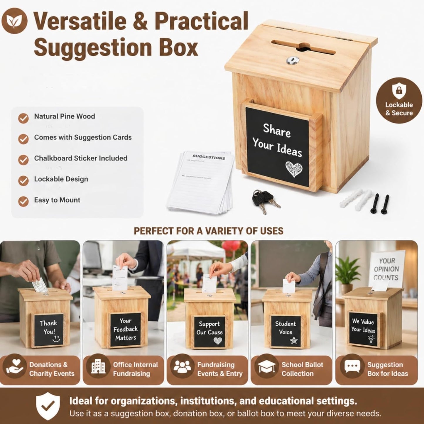 ZENFUN Wooden Suggestion Box with 50 Free Suggestion Cards, Natural Pinewood Ballot Comment Container Donation Box with Locking Hinged Lid for Countertop or Wall Mounted, 8.6" x 6.8" x 10"