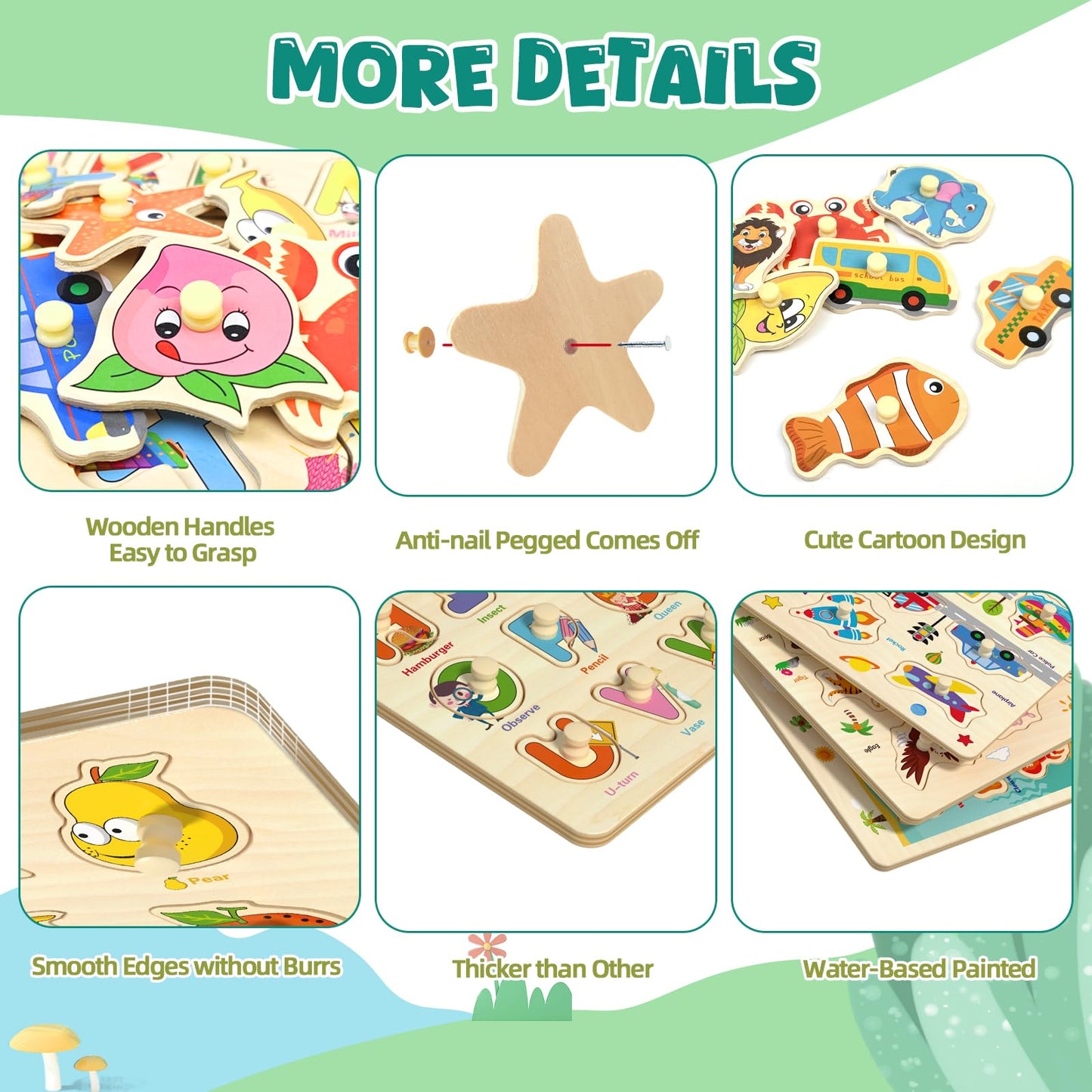 edutree Wooden Peg Puzzles for Toddlers 2-4, 6 Pack Educational Peg Puzzles Montessori Toys for Toddlers 1-3, Learning Puzzles for Kids Girs Boys with Alphabet Number Animal Vehicle Shape