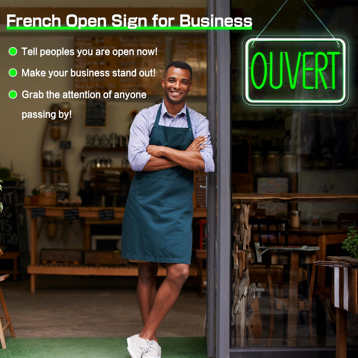 ReyeeInc Signe Ouvert Pour les entreprises, Bright and Dimmable Ouvert Sign Francais LED and USB Light up French Open Sign for Business Window Shop Store Restaurant Salon Bar Wall Office (15.4*10.2")