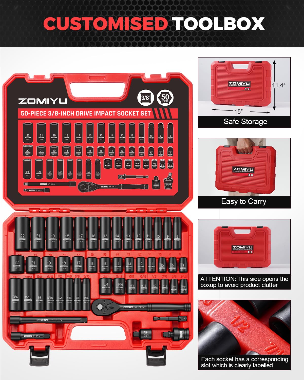 ZOMIYU 3/8" Drive Socket Set, SAE & Metric(5/16"-3/4"&8-22mm),6 Point Deep & Shallow Impact Socket Set,72-Teeth Ratchet Wrench,Extension Bars,Universal Joint,Adapter & 1/2" F to 3/8" M Reducer-50 PCS