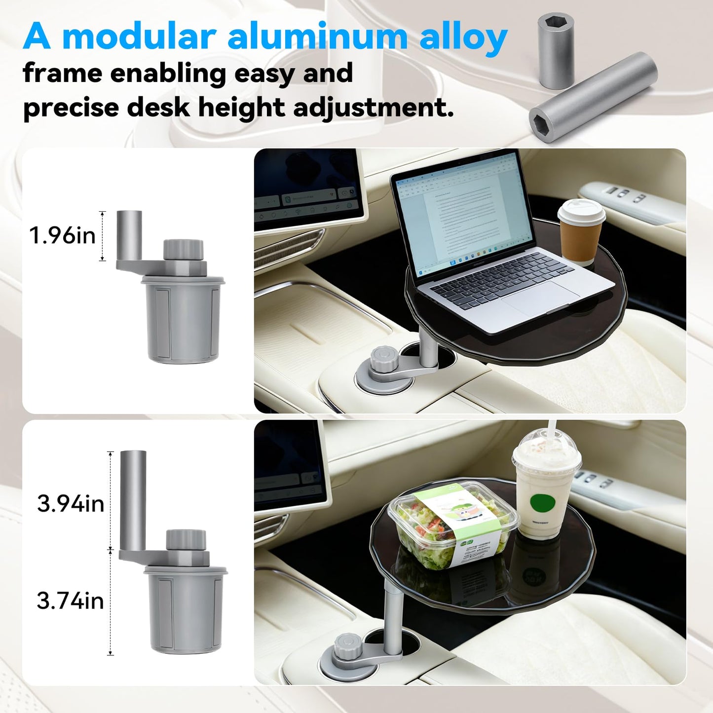 NEOGO Car Desk for Laptop - 360° Rotating Wooden Car Tray with Updated 4-Way Expandable Base, 2 Height Modes Cup Holder Table, Steering Wheel Tray Alternative for Eating & Work, Universal Fit (Walnut)