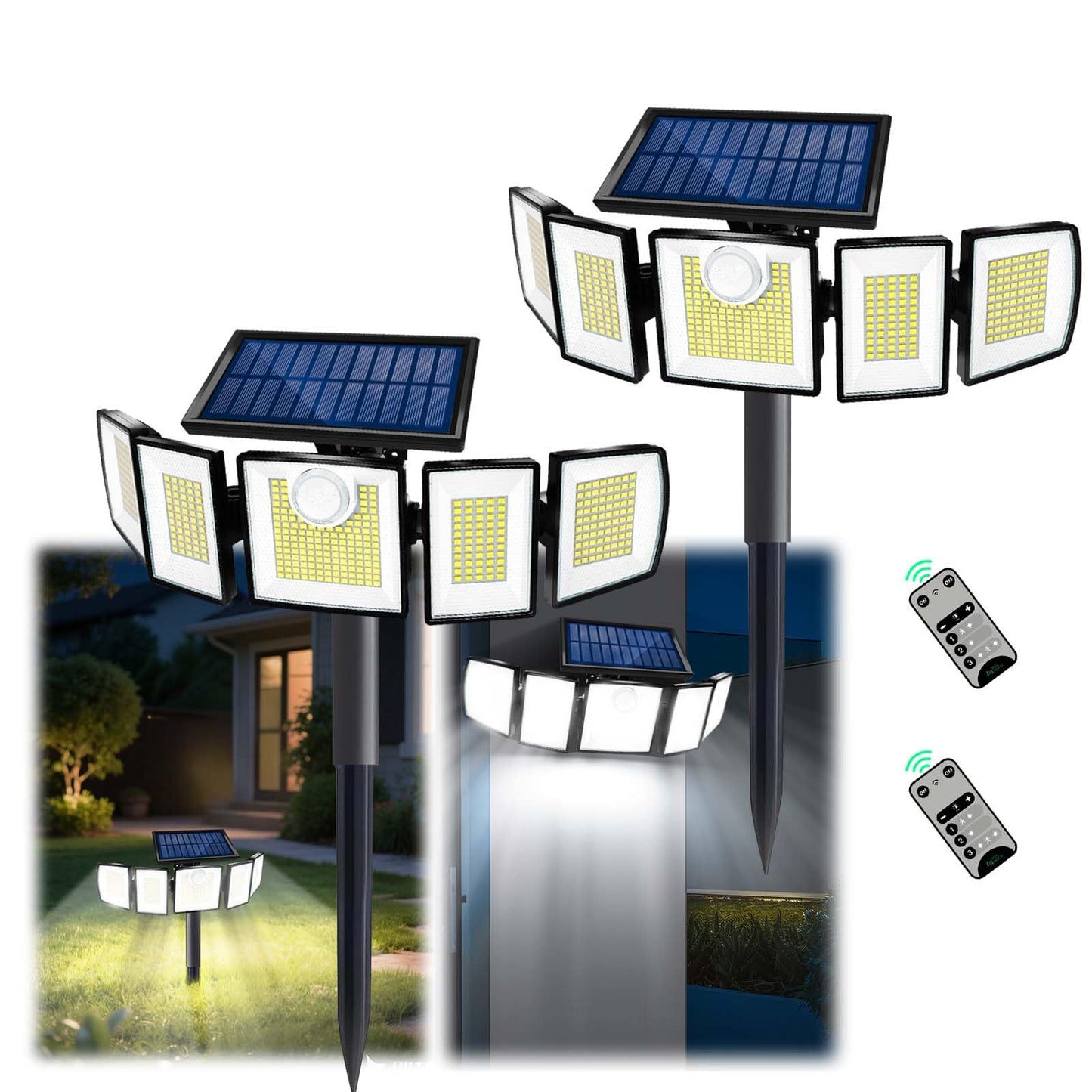 Solar Lights Outdoor Waterproof Motion Sensor - 416 LEDs 3000 Lumens Super Bright 3 Brightness 3 Modes 360° Illumination 32ft Solar Flood Security Light for Outside (with Stakes, 2)